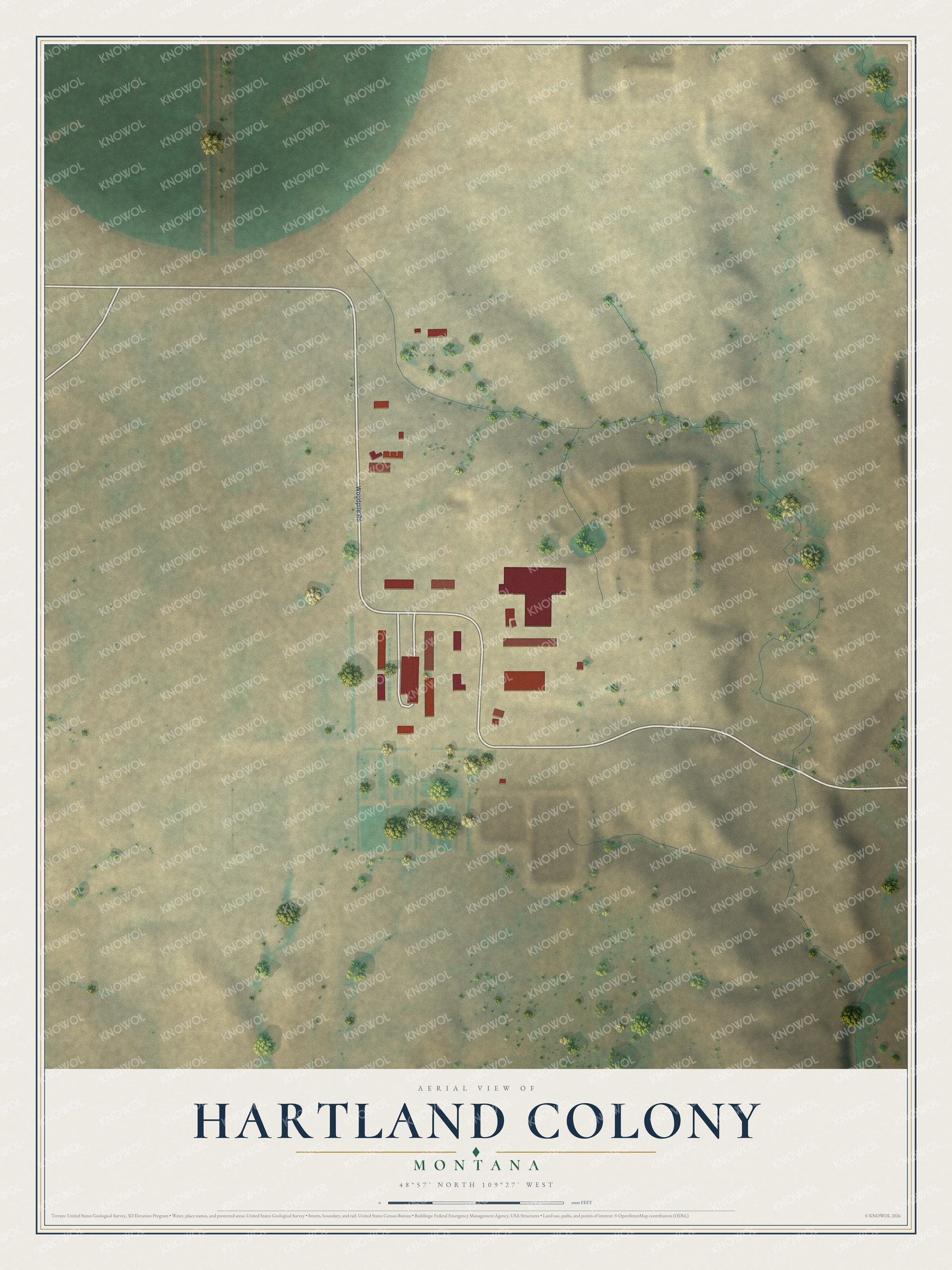 Full map of Hartland Colony, Montana, with red buildings, printed street names and the land around them