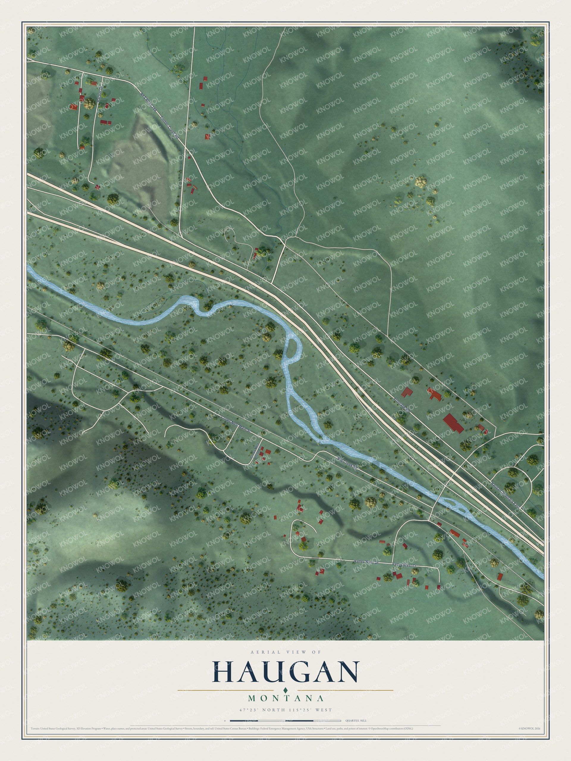 Full map of Haugan, Montana, with red buildings, printed street names and the land around them