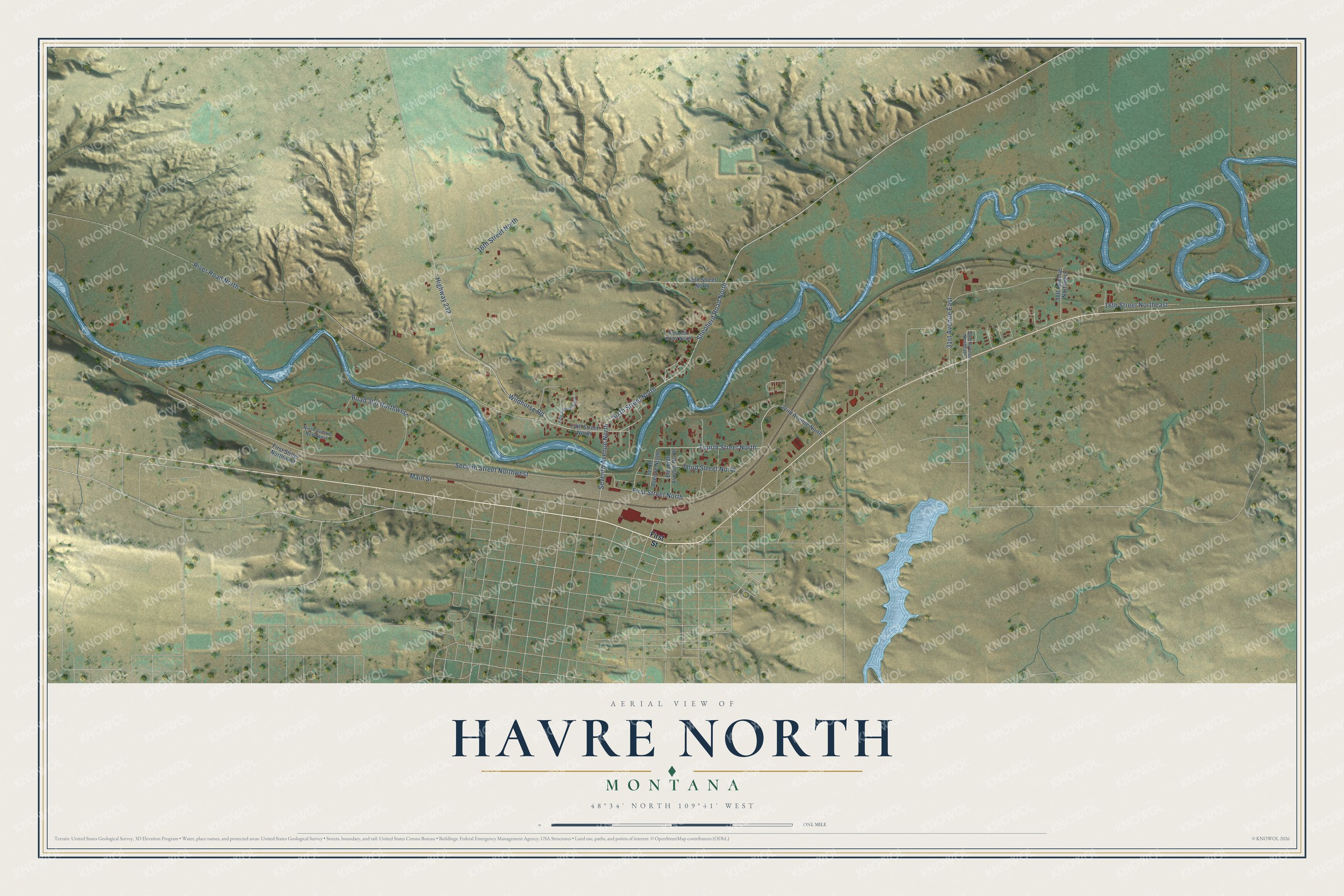 Full map of Havre North, Montana, with red buildings, printed street names and the land around them