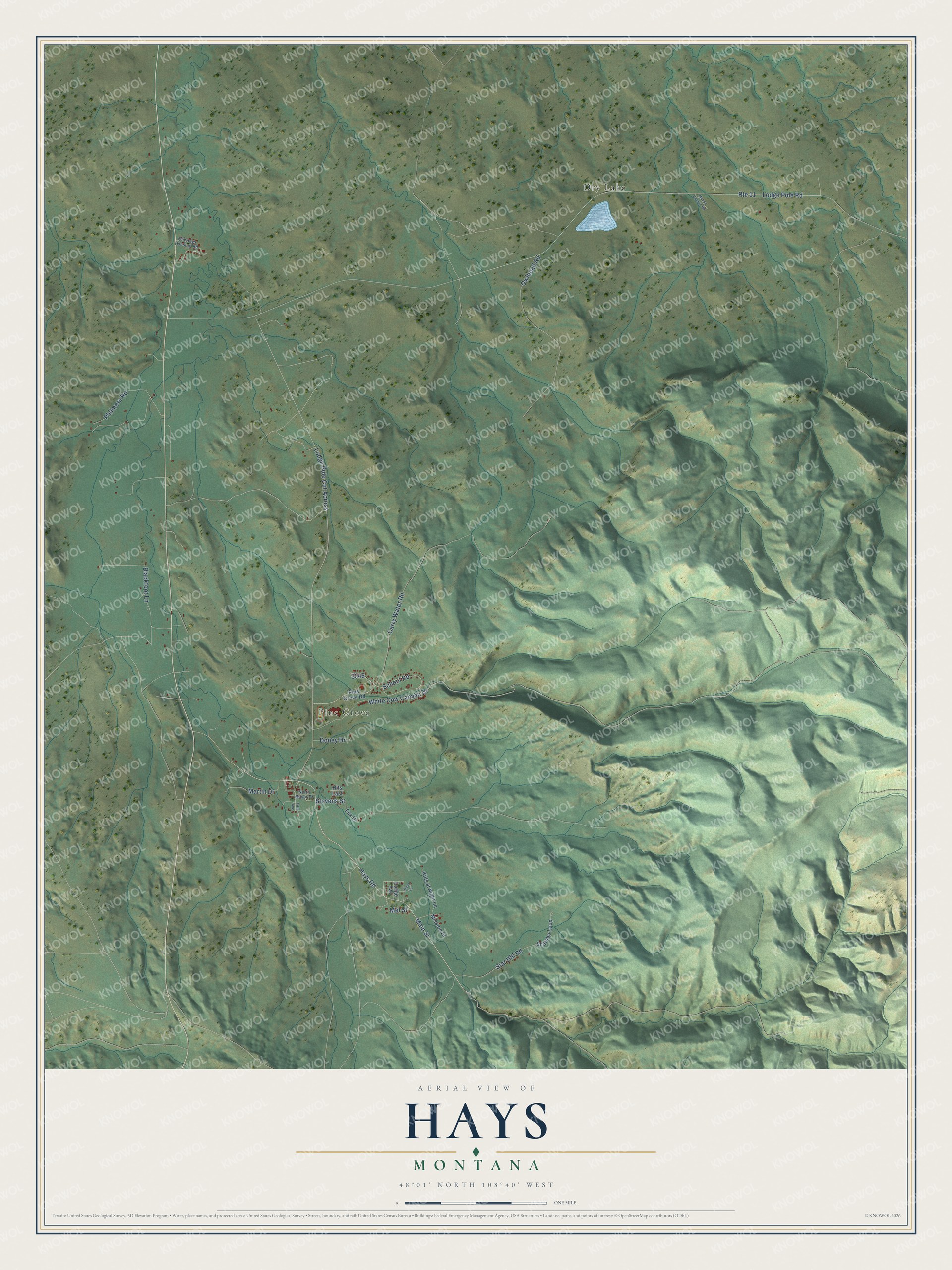 Full map of Hays, Montana, with red buildings, printed street names and the land around them