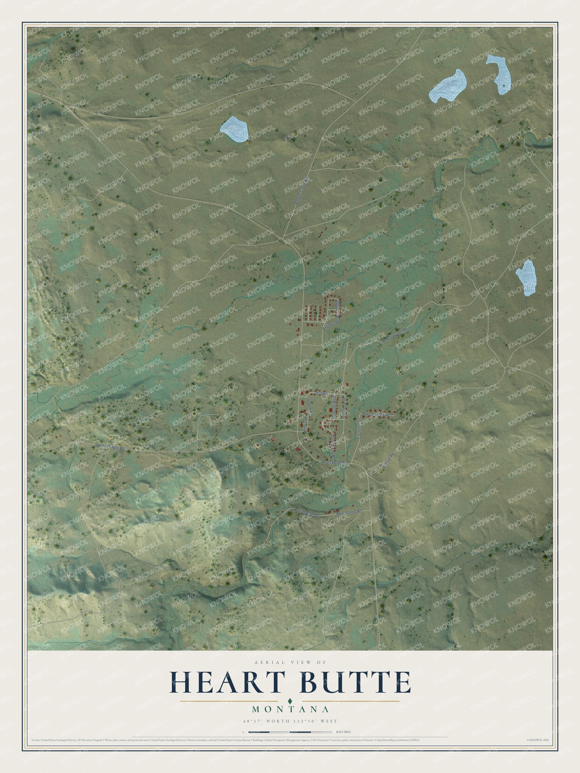 Full map of Heart Butte, Montana, with red buildings, printed street names and the land around them