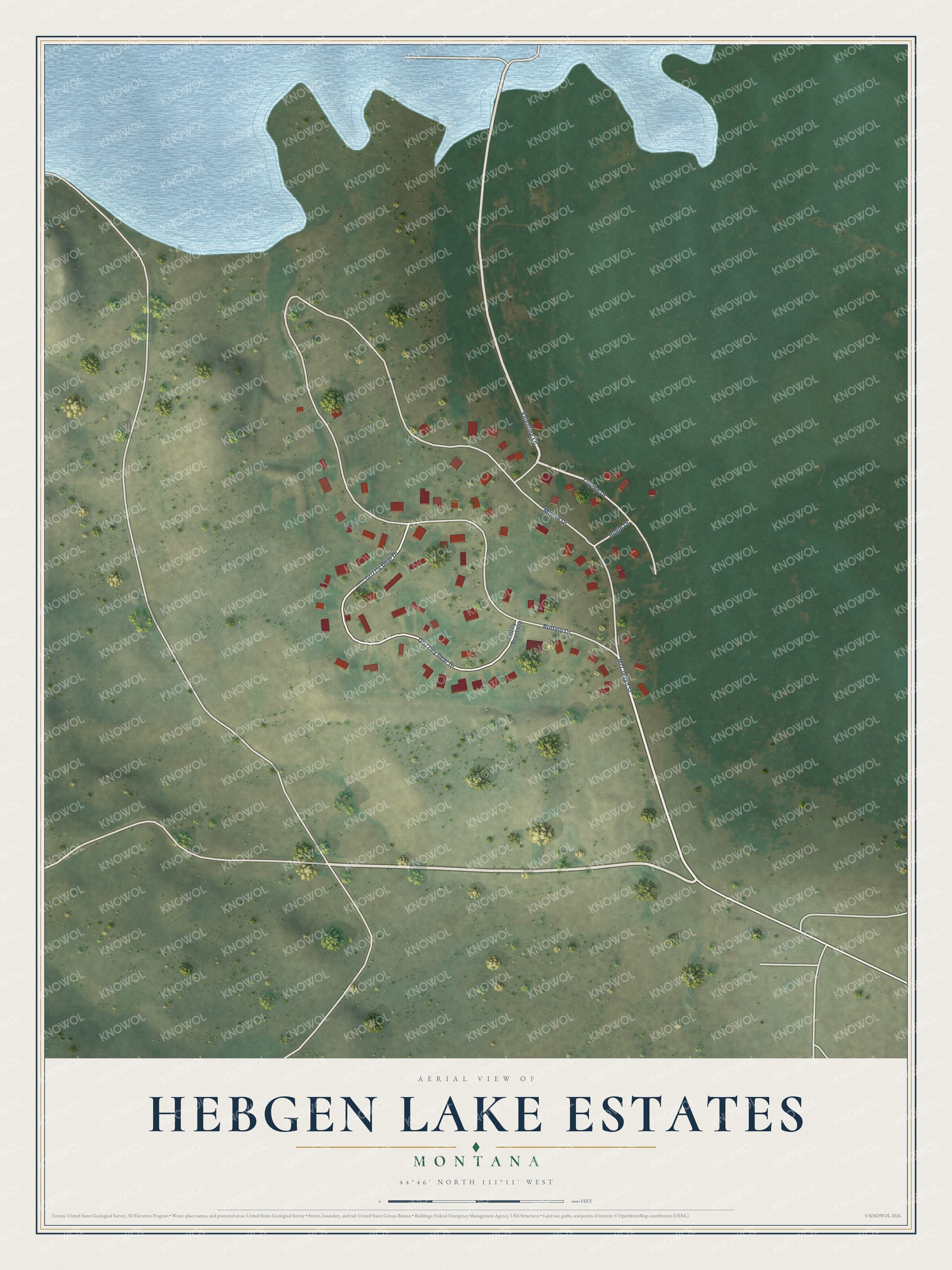 Full map of Hebgen Lake Estates, Montana, with red buildings, printed street names and the land around them