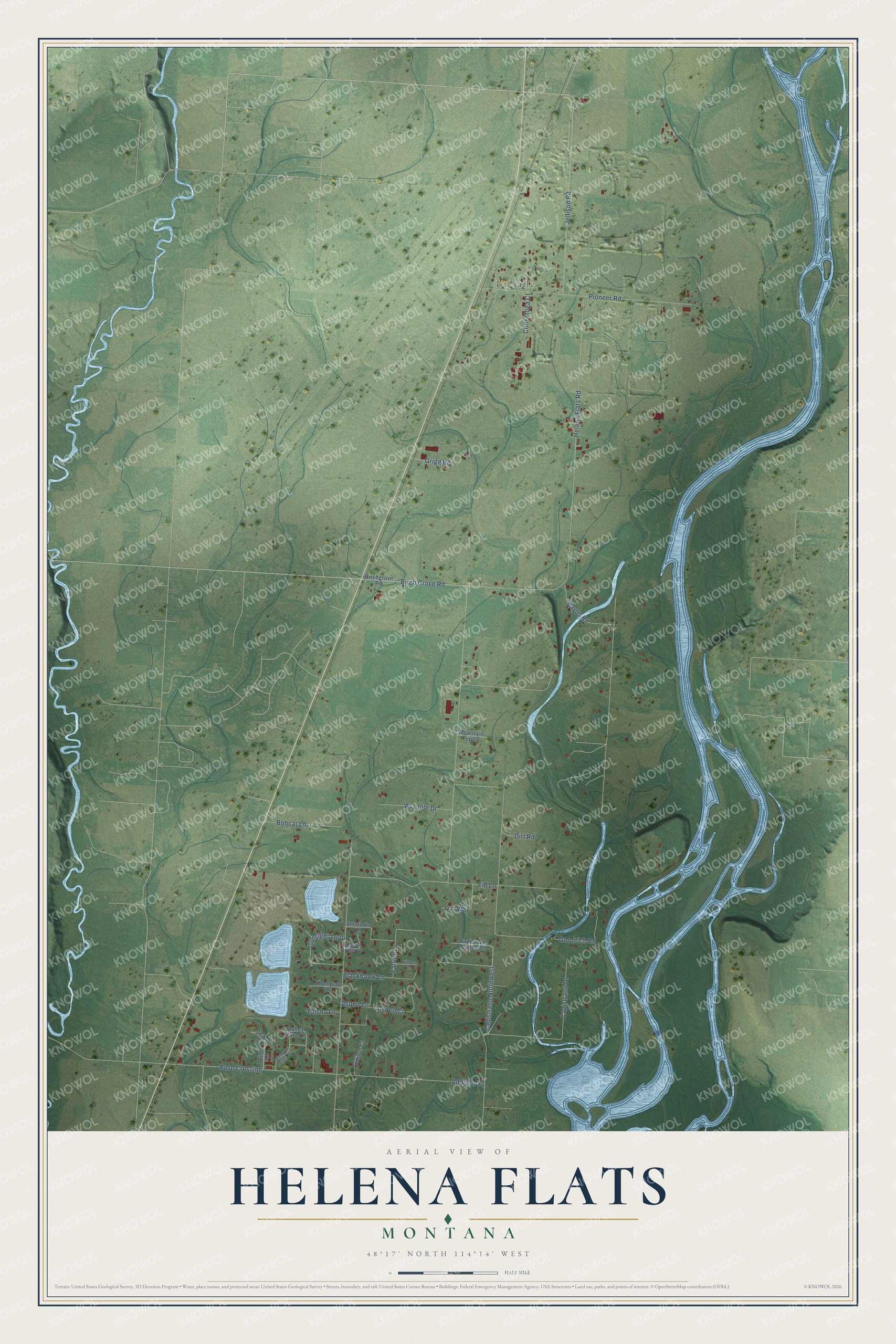 Full map of Helena Flats, Montana, with red buildings, printed street names and the land around them