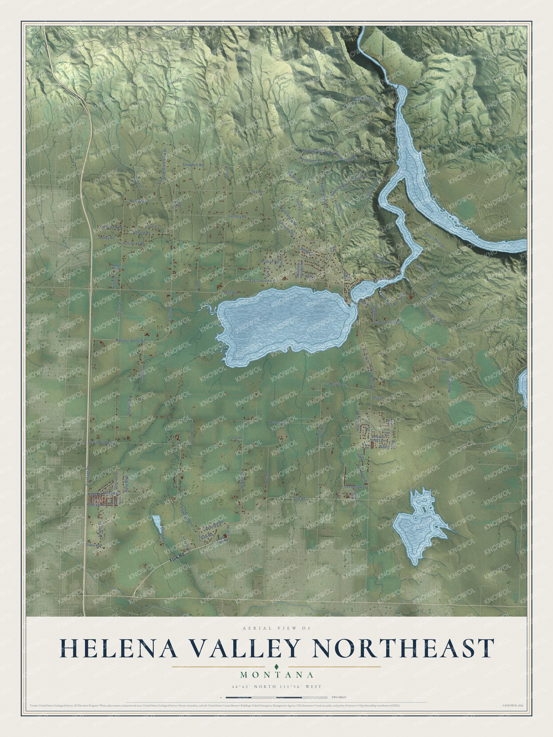 Full map of Helena Valley Northeast, Montana, with red buildings, printed street names and the land around them