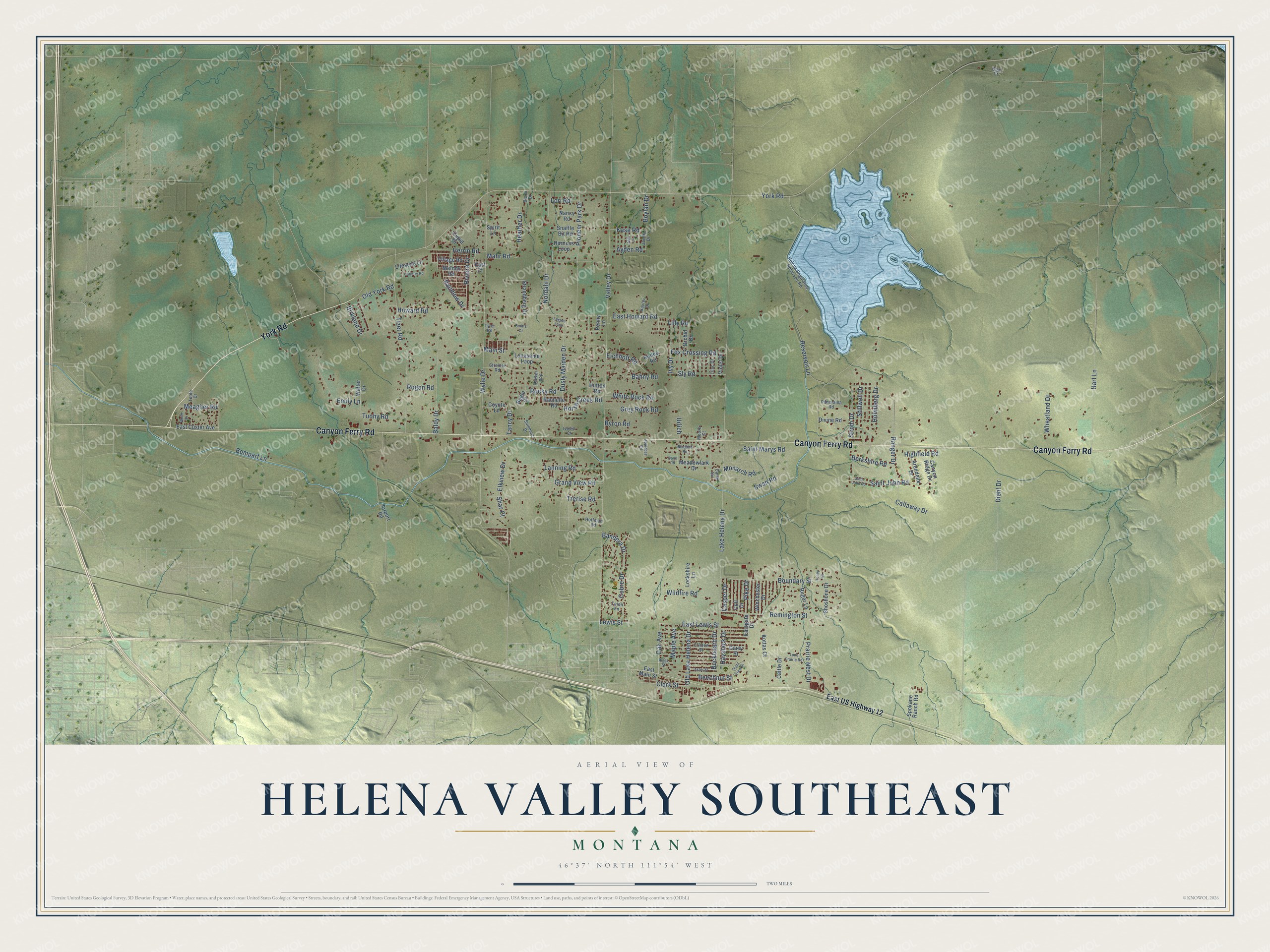 Full map of Helena Valley Southeast, Montana, with red buildings, printed street names and the land around them