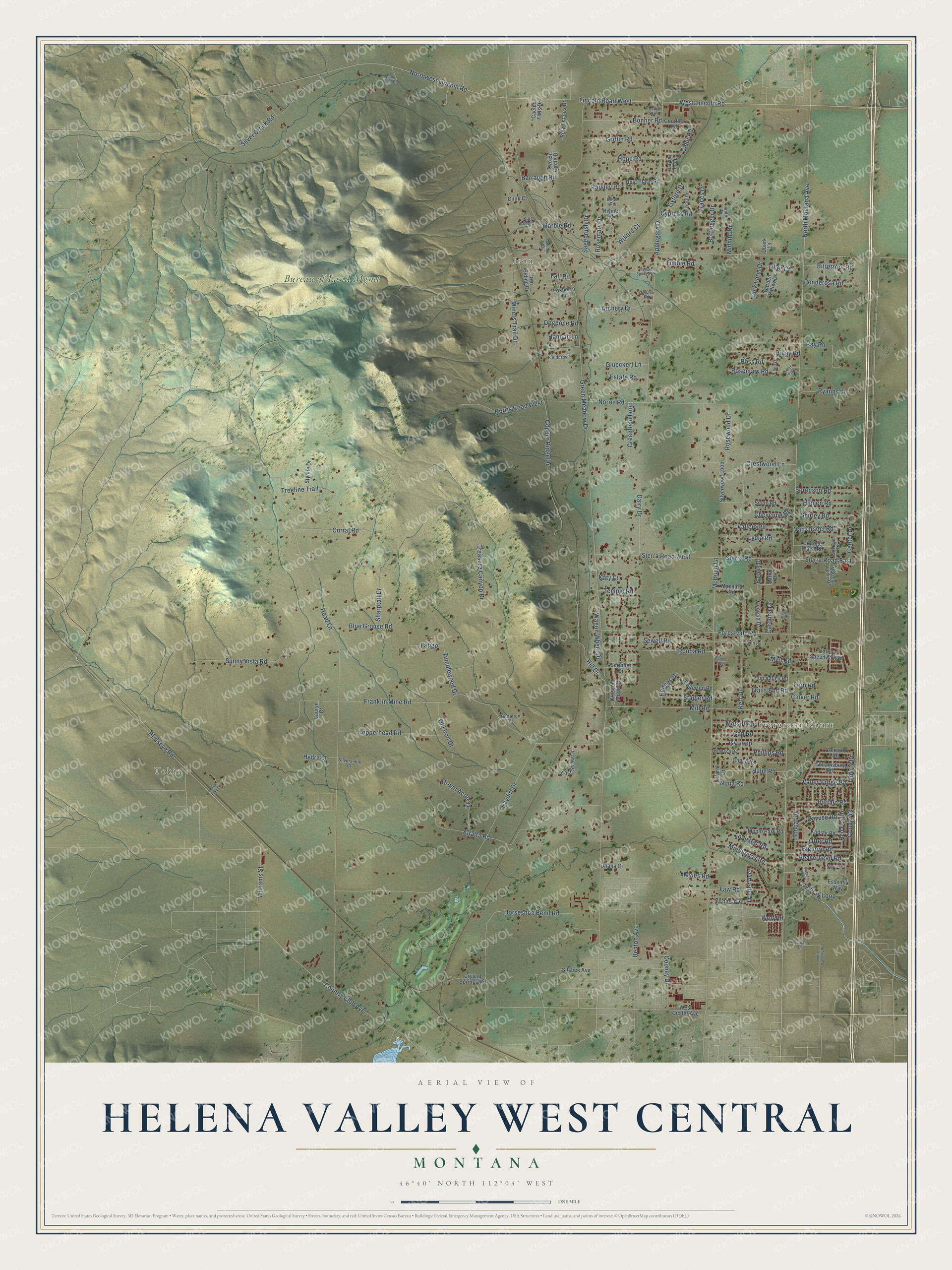 Full map of Helena Valley West Central, Montana, with red buildings, printed street names and the land around them