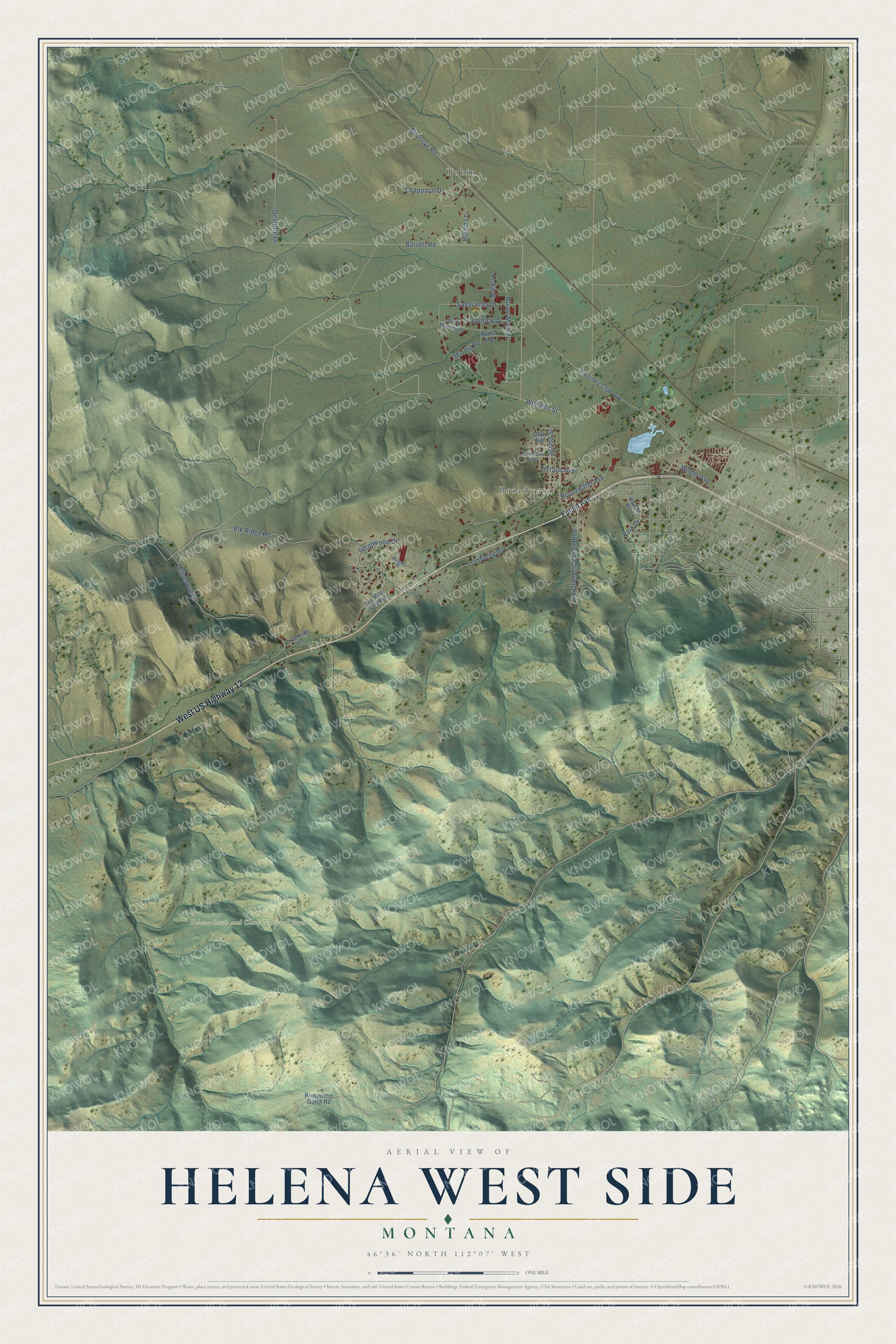 Full map of Helena West Side, Montana, with red buildings, printed street names and the land around them