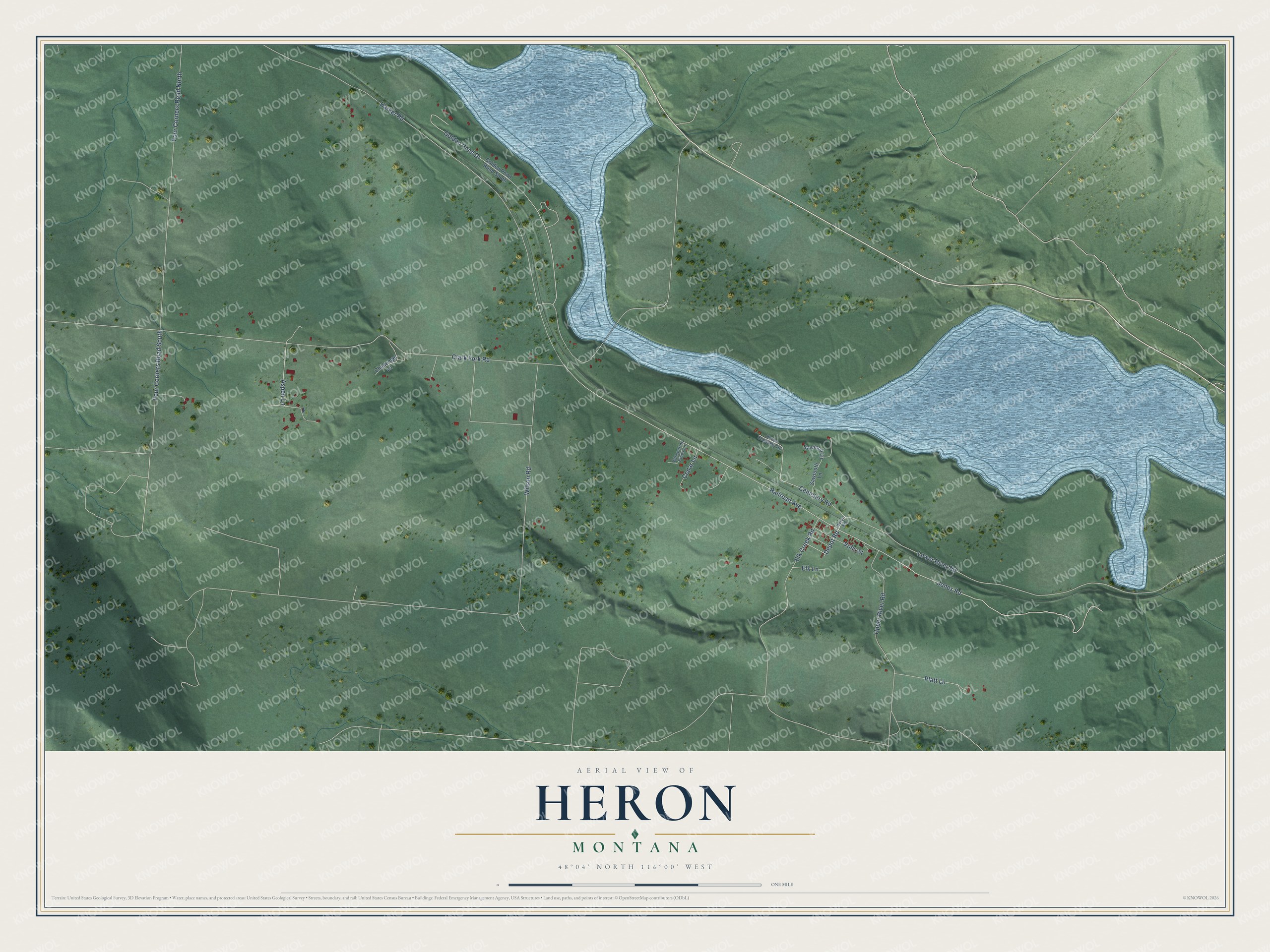 Full map of Heron, Montana, with red buildings, printed street names and the land around them