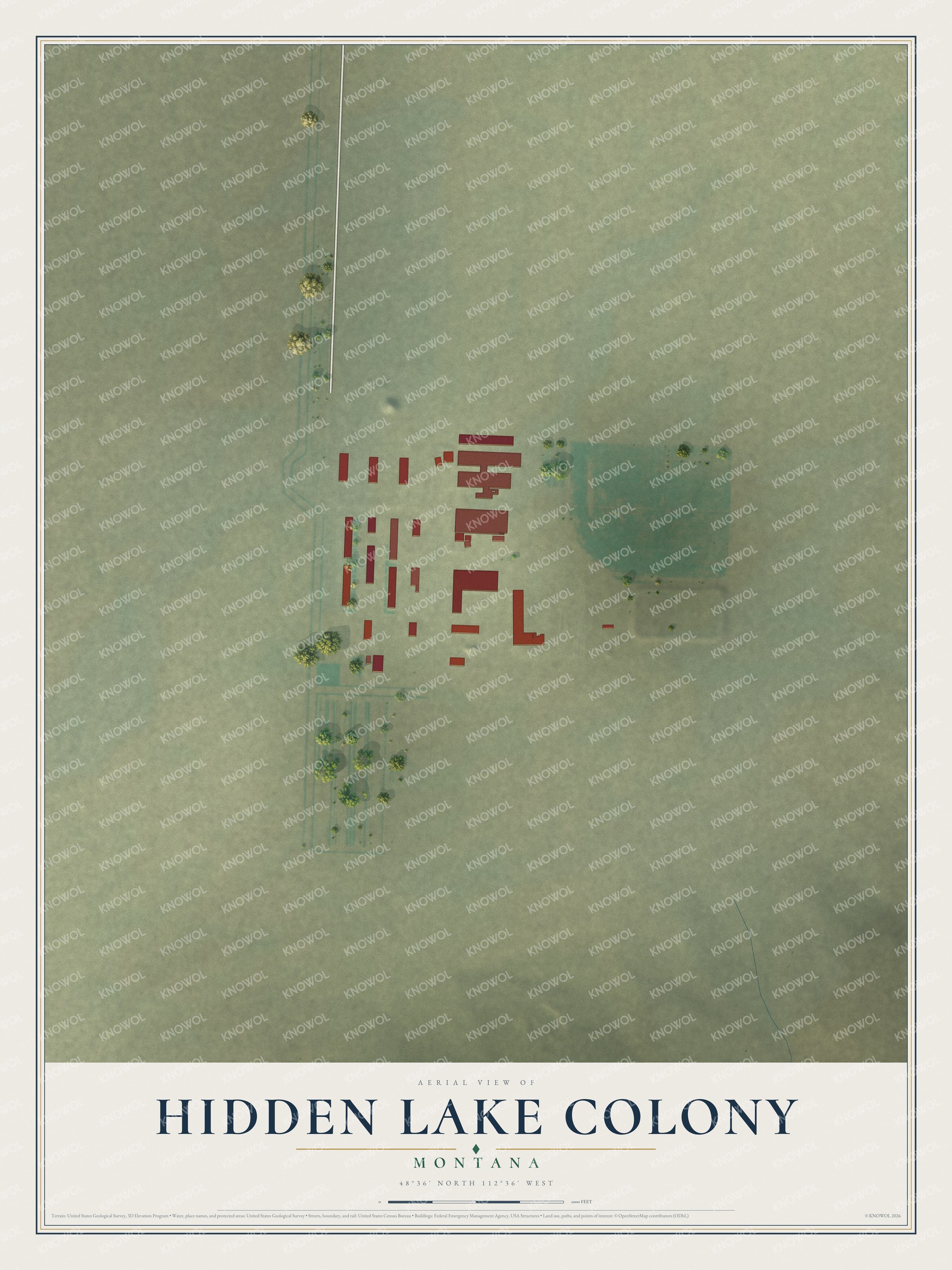 Full map of Hidden Lake Colony, Montana, with red buildings, printed street names and the land around them
