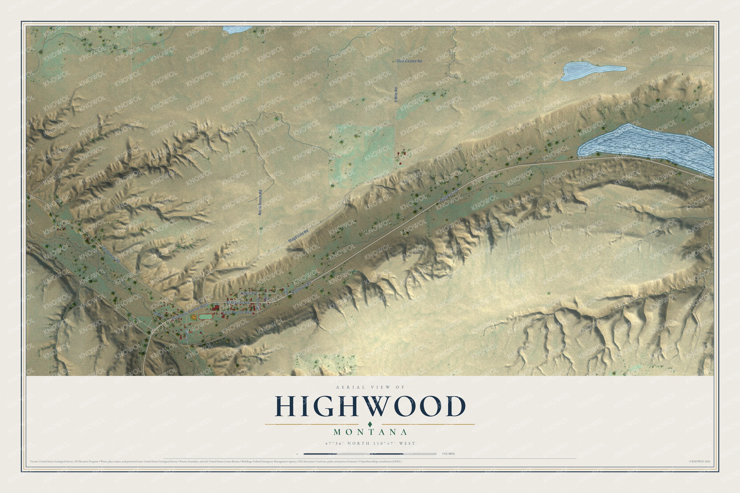 Full map of Highwood, Montana, with red buildings, printed street names and the land around them
