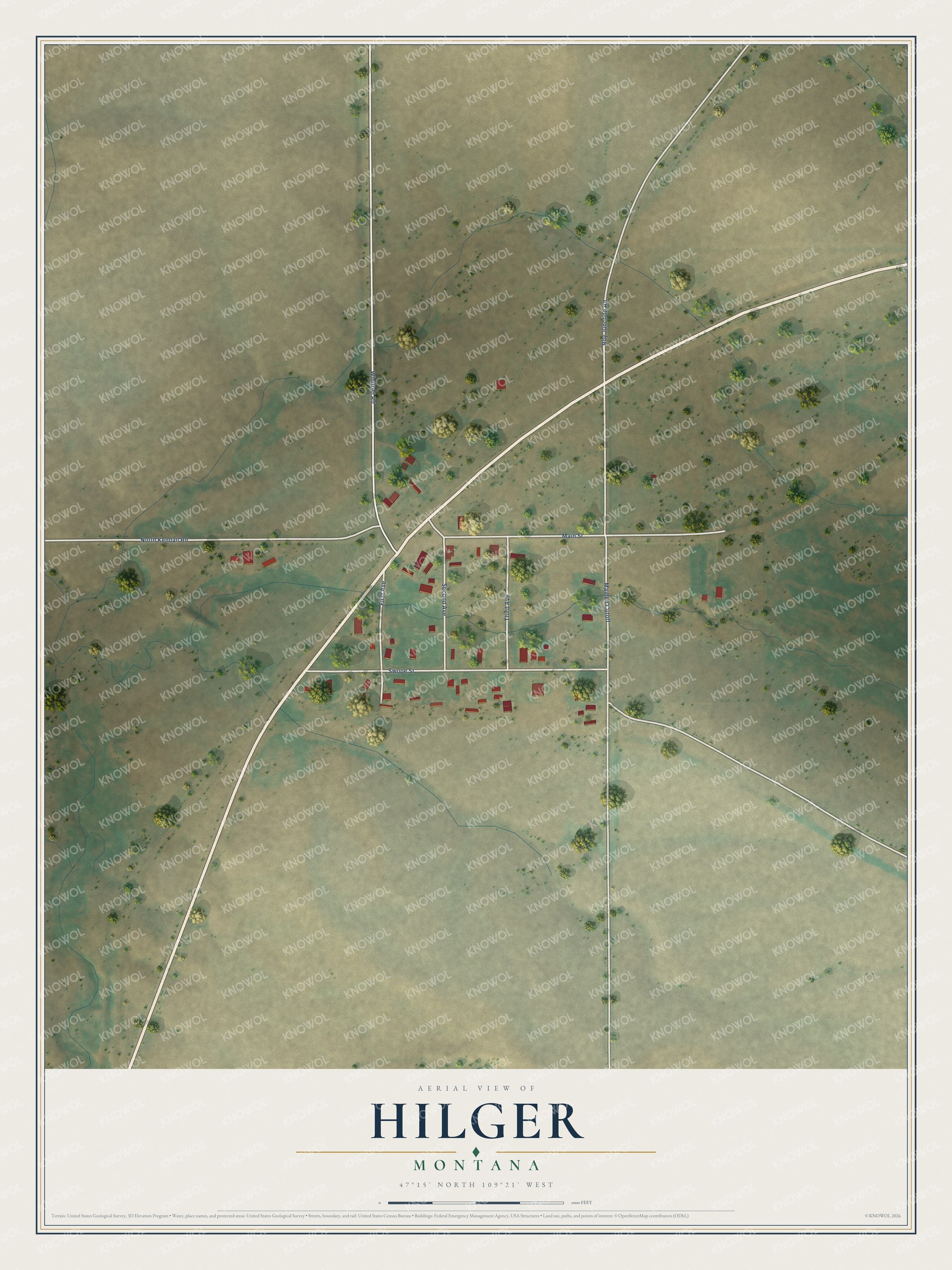Full map of Hilger, Montana, with red buildings, printed street names and the land around them