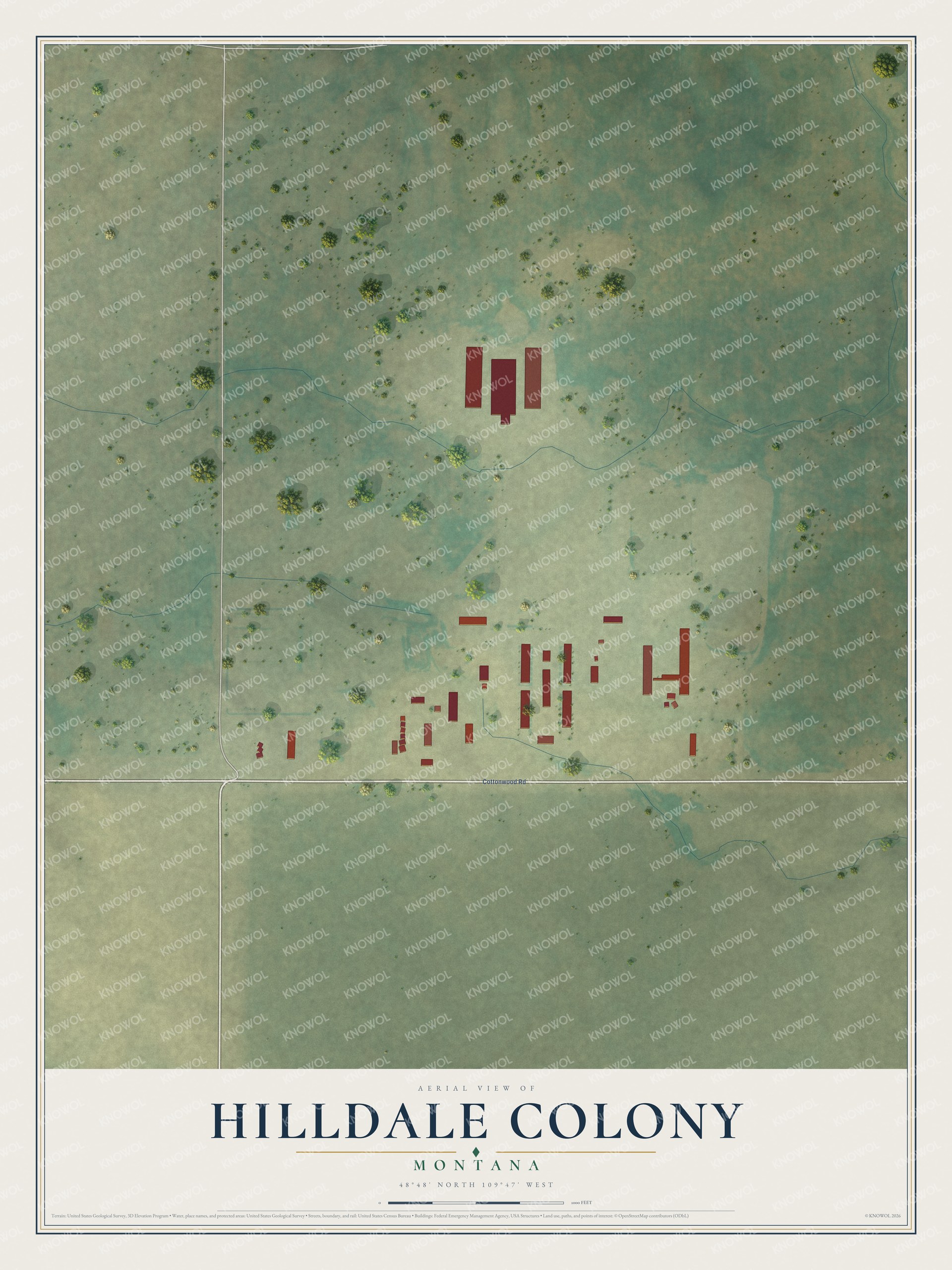 Full map of Hilldale Colony, Montana, with red buildings, printed street names and the land around them