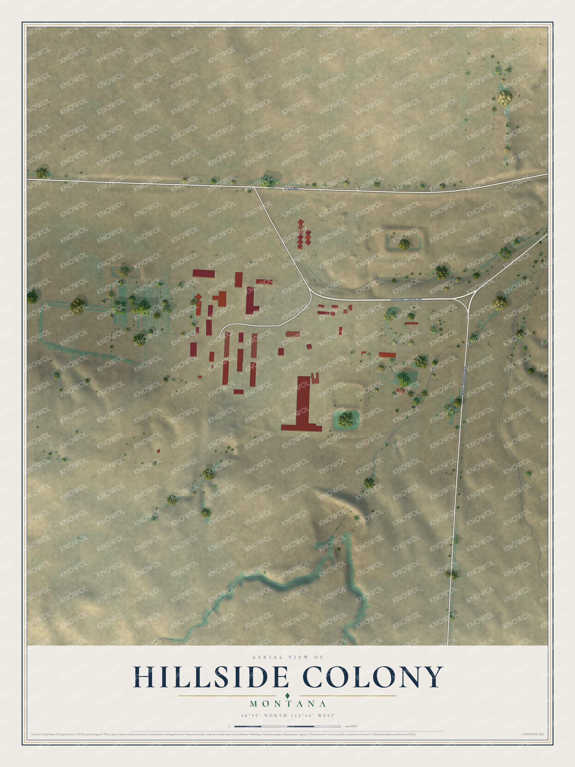 Full map of Hillside Colony, Montana, with red buildings, printed street names and the land around them