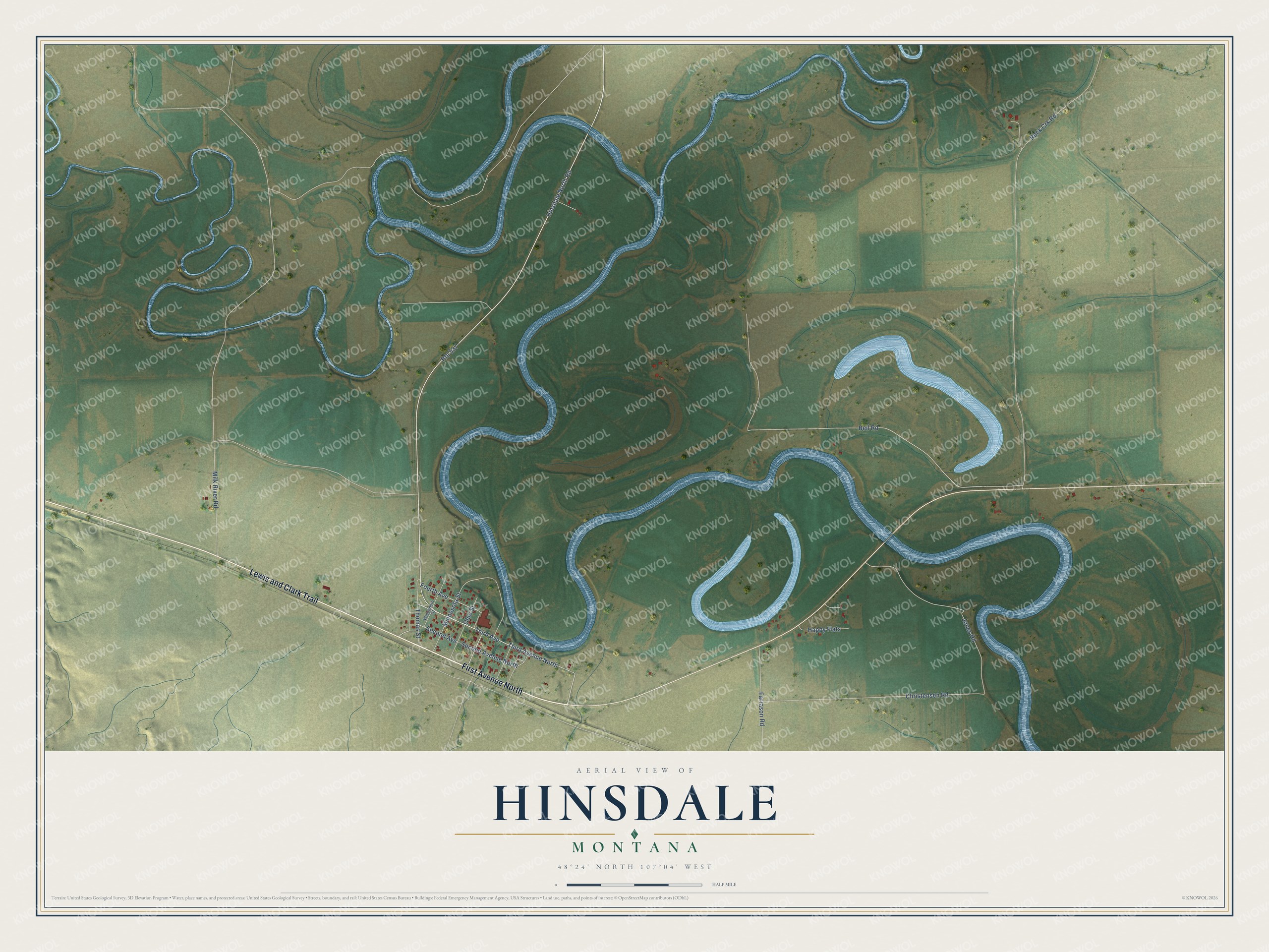 Full map of Hinsdale, Montana, with red buildings, printed street names and the land around them
