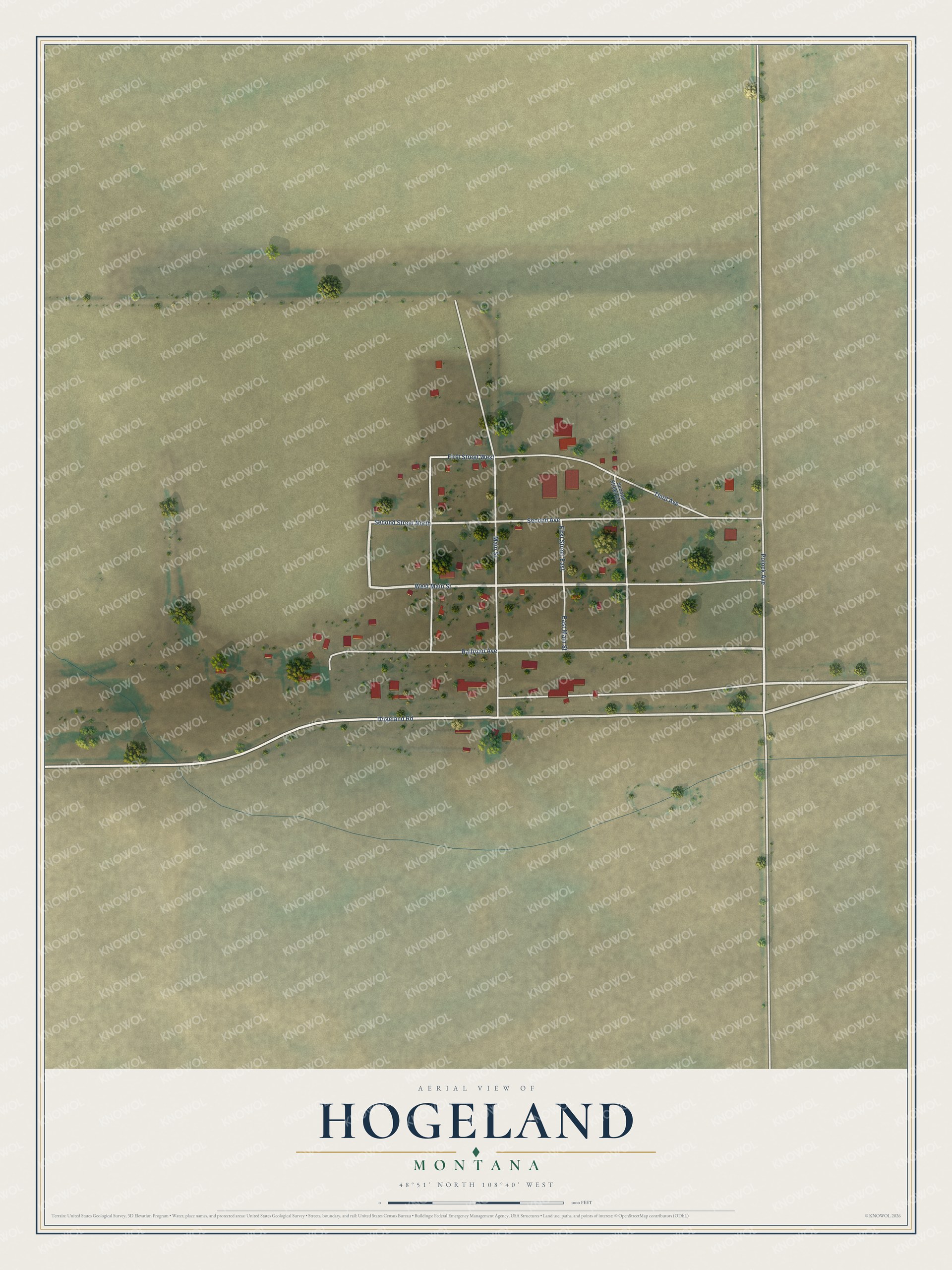 Full map of Hogeland, Montana, with red buildings, printed street names and the land around them