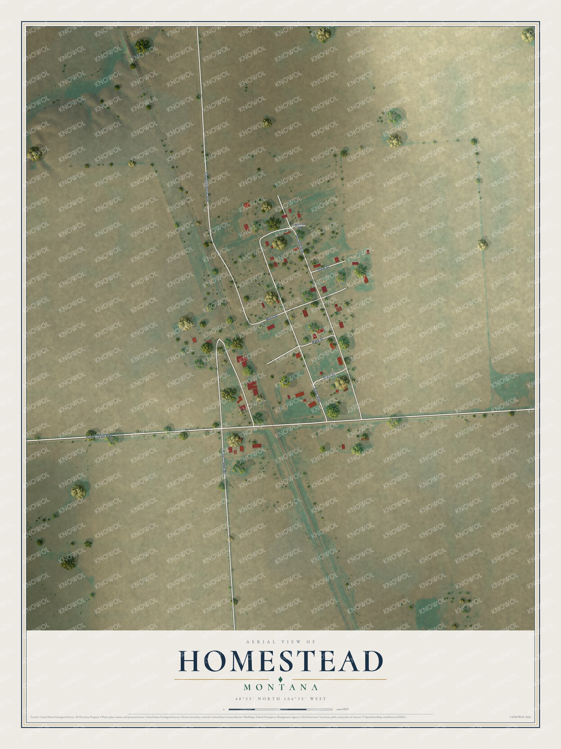 Full map of Homestead, Montana, with red buildings, printed street names and the land around them