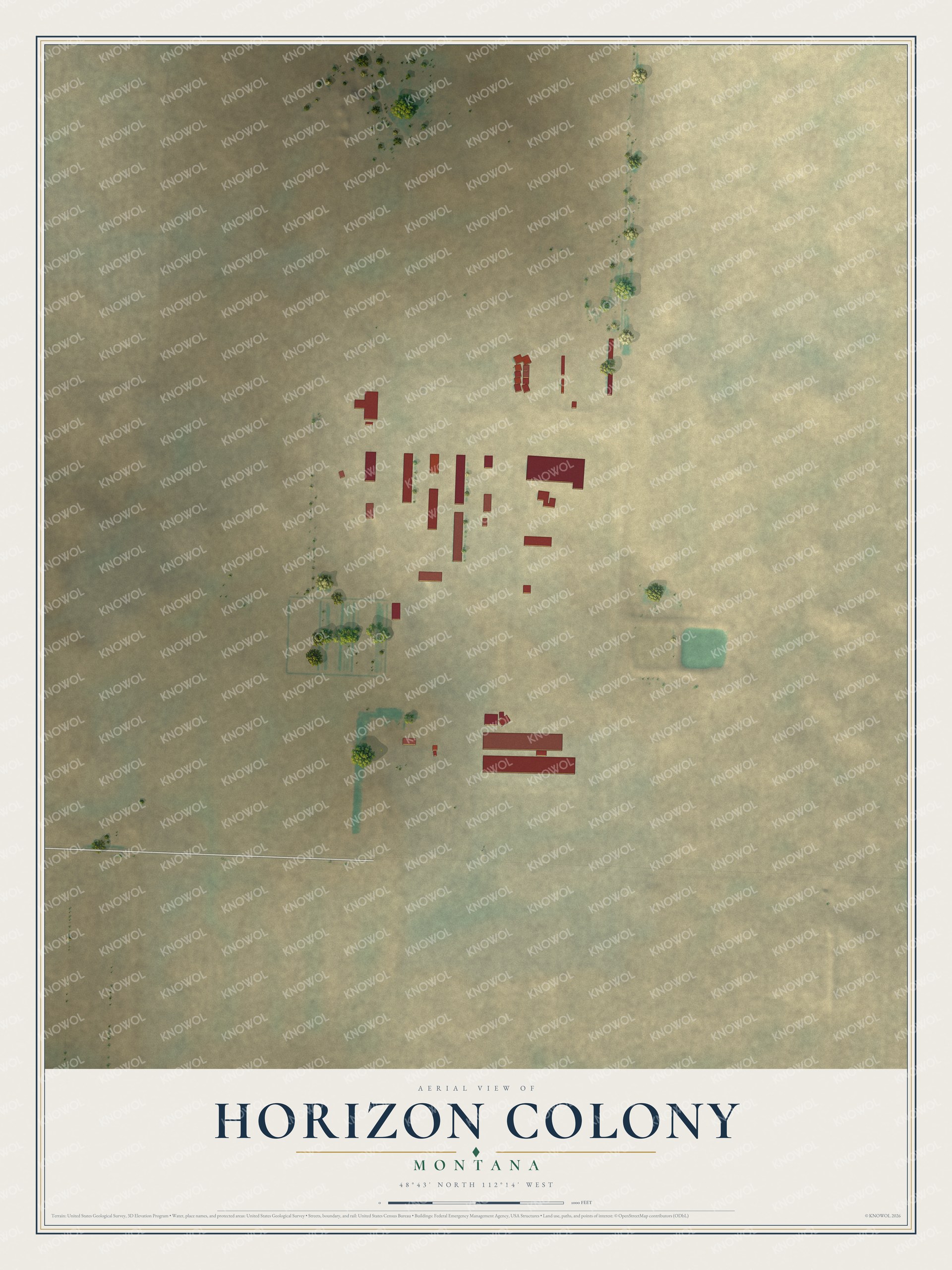 Full map of Horizon Colony, Montana, with red buildings, printed street names and the land around them