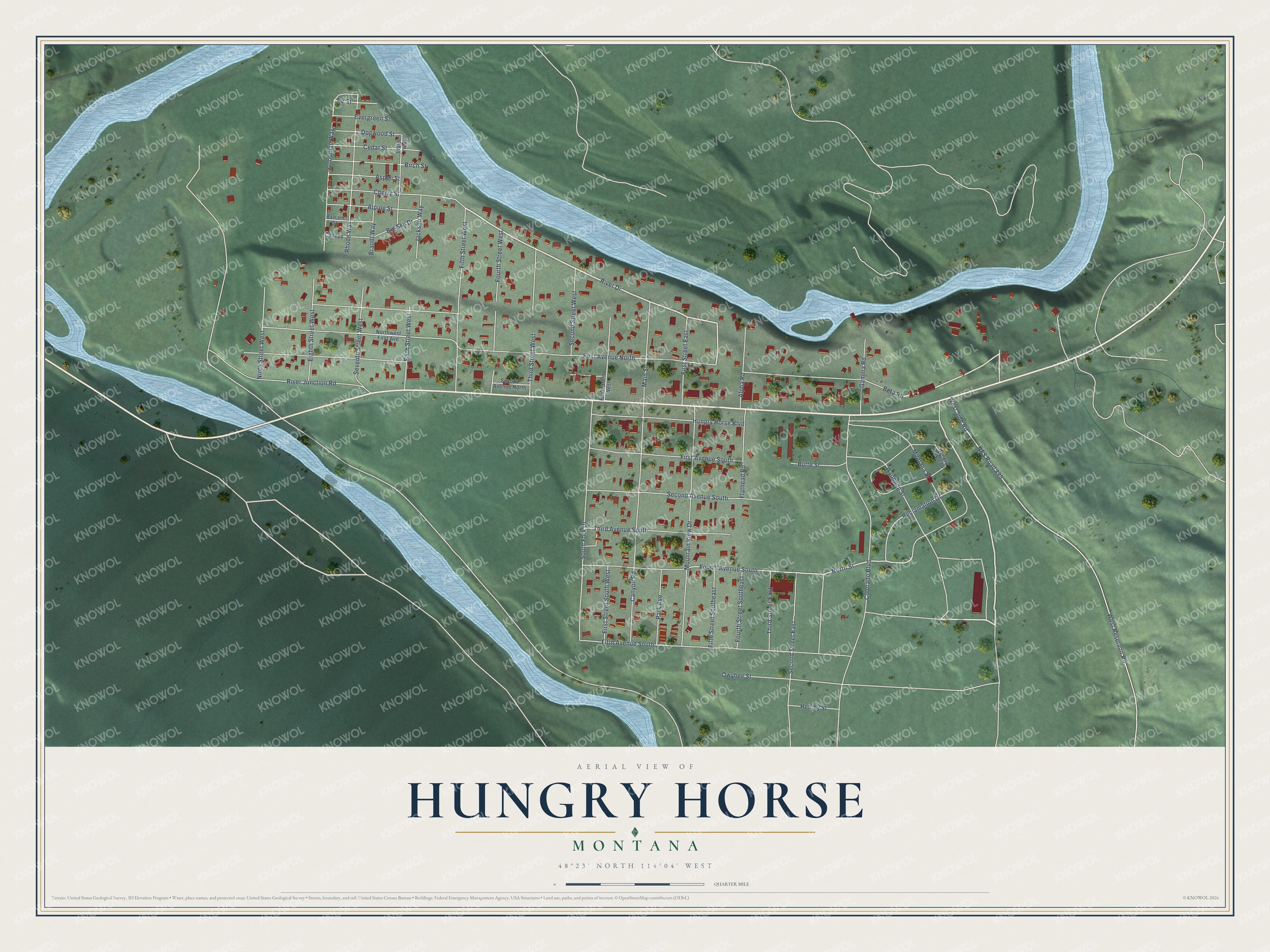 Full map of Hungry Horse, Montana, with red buildings, printed street names and the land around them