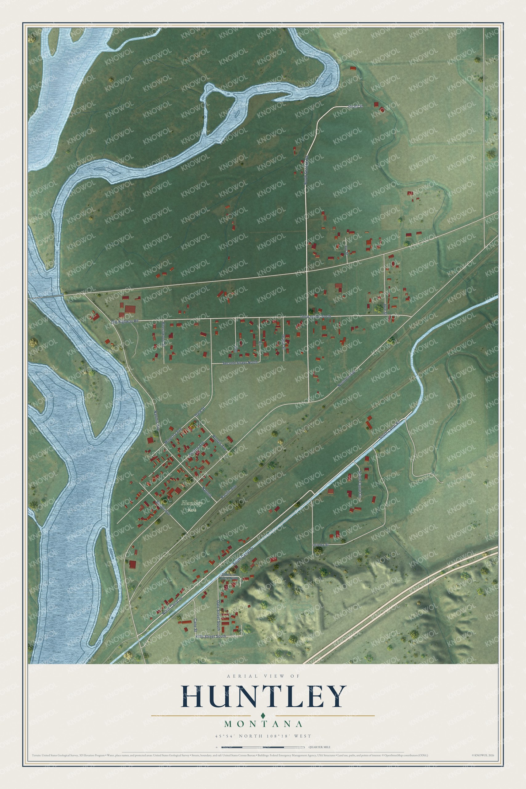 Full map of Huntley, Montana, with red buildings, printed street names and the land around them