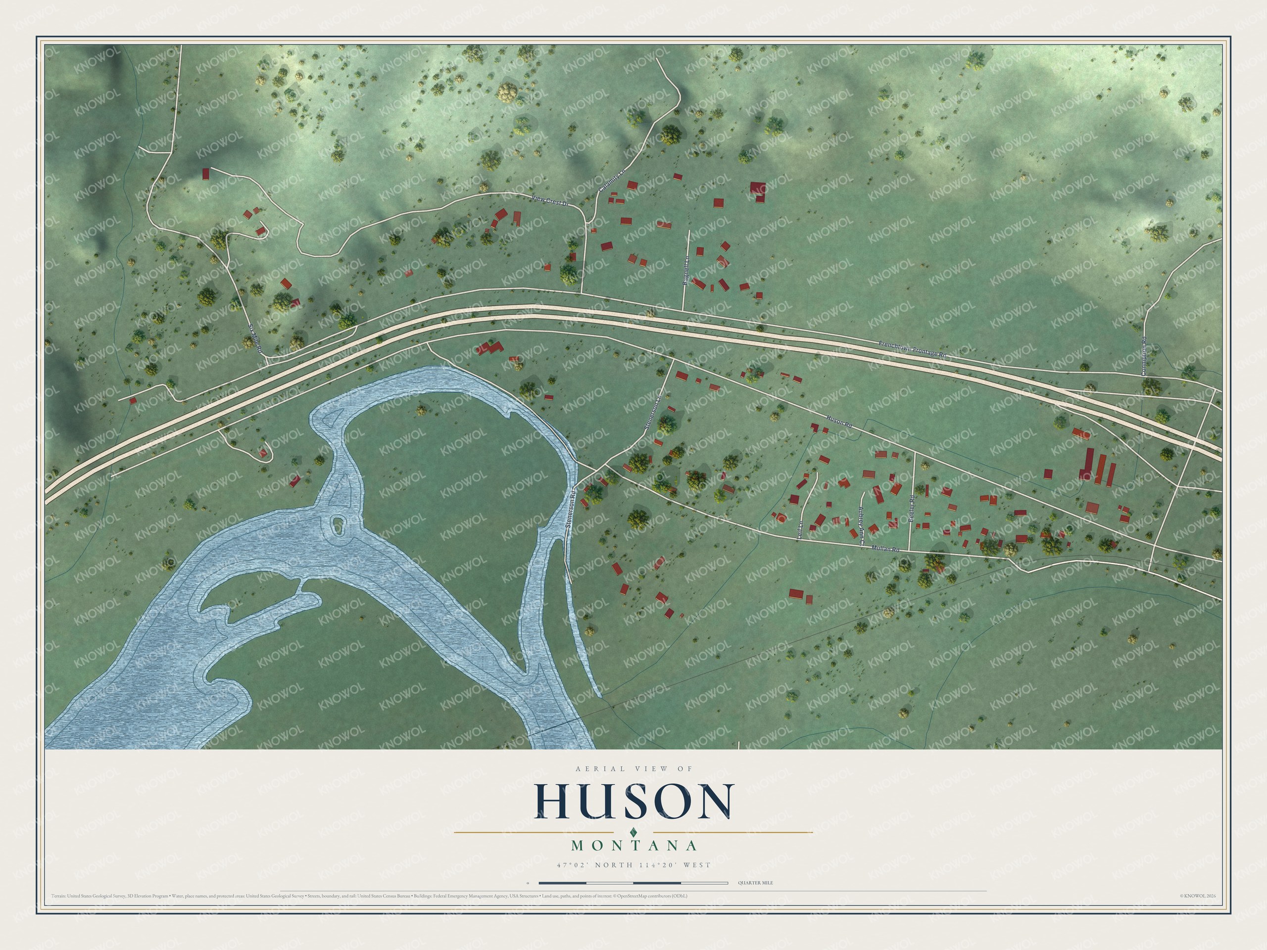 Full map of Huson, Montana, with red buildings, printed street names and the land around them