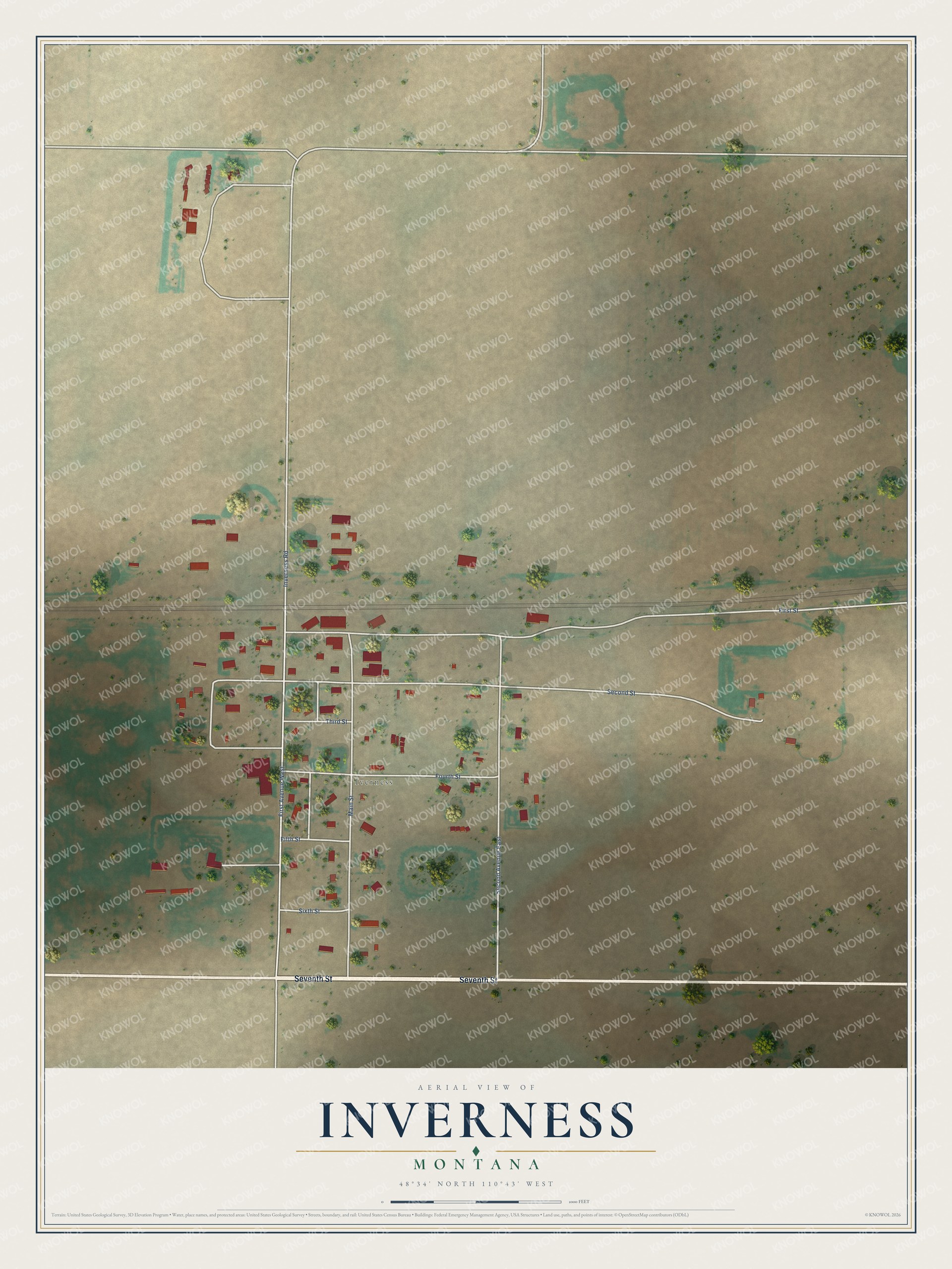 Full map of Inverness, Montana, with red buildings, printed street names and the land around them