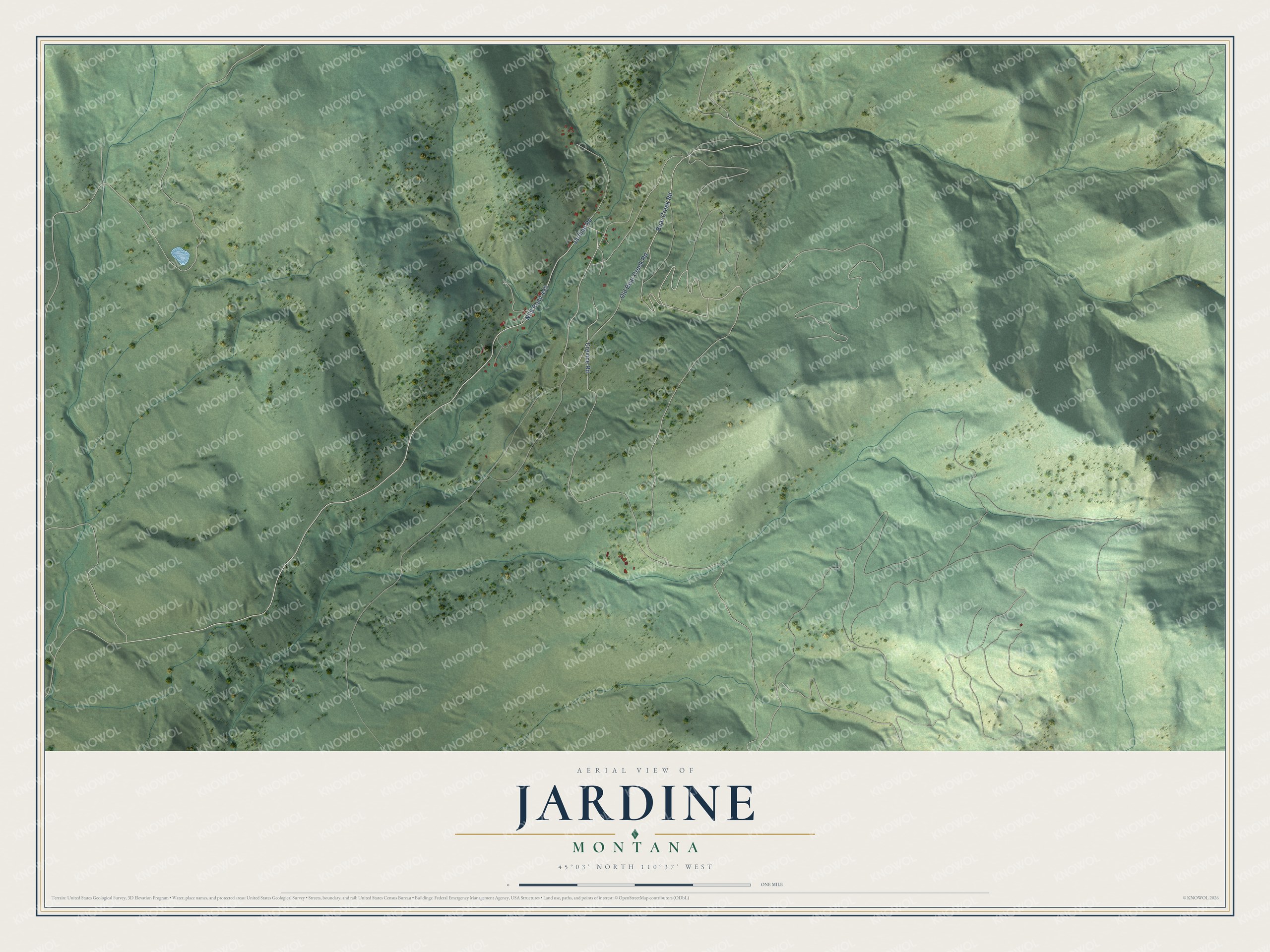 Full map of Jardine, Montana, with red buildings, printed street names and the land around them