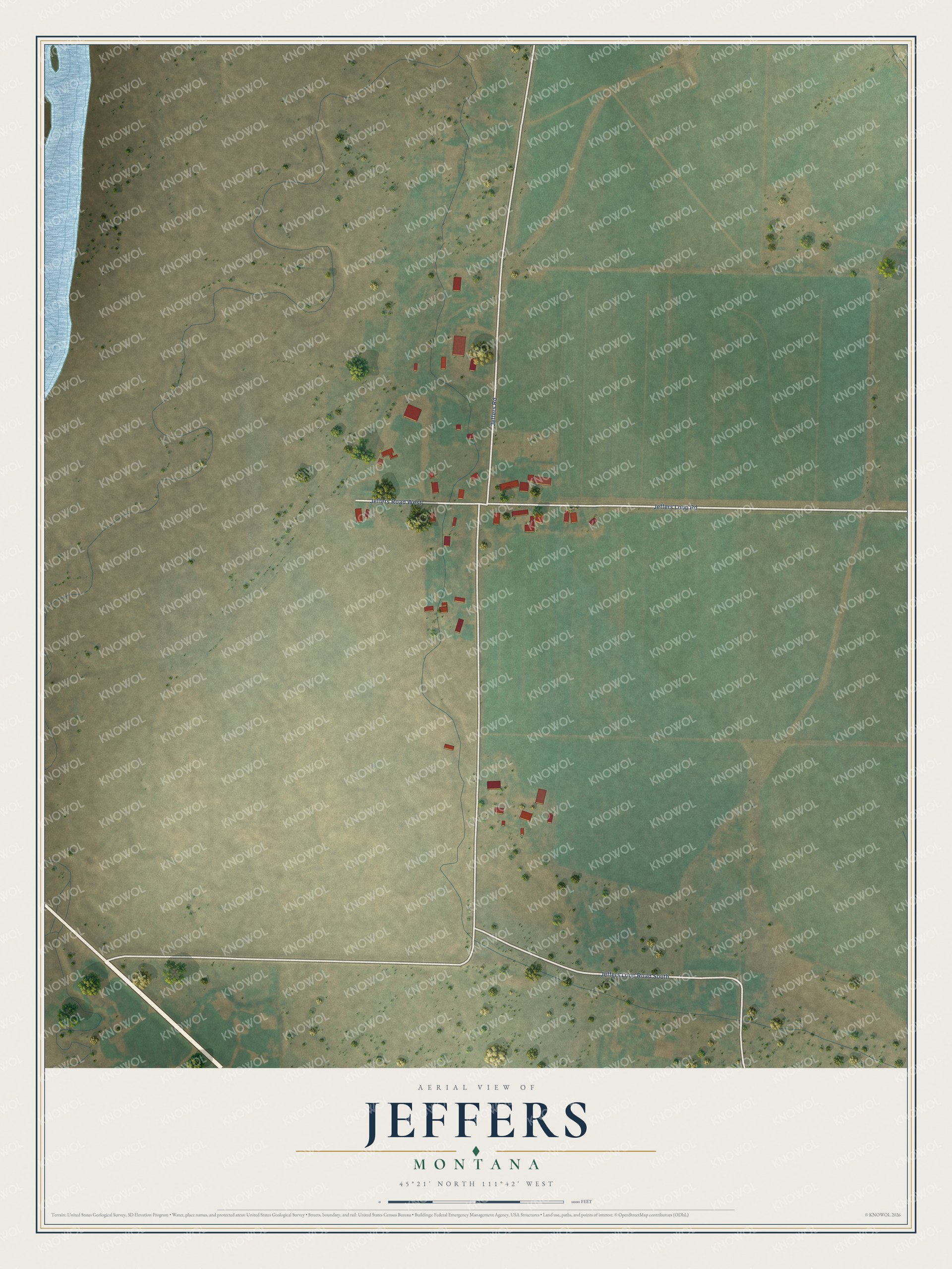 Full map of Jeffers, Montana, with red buildings, printed street names and the land around them