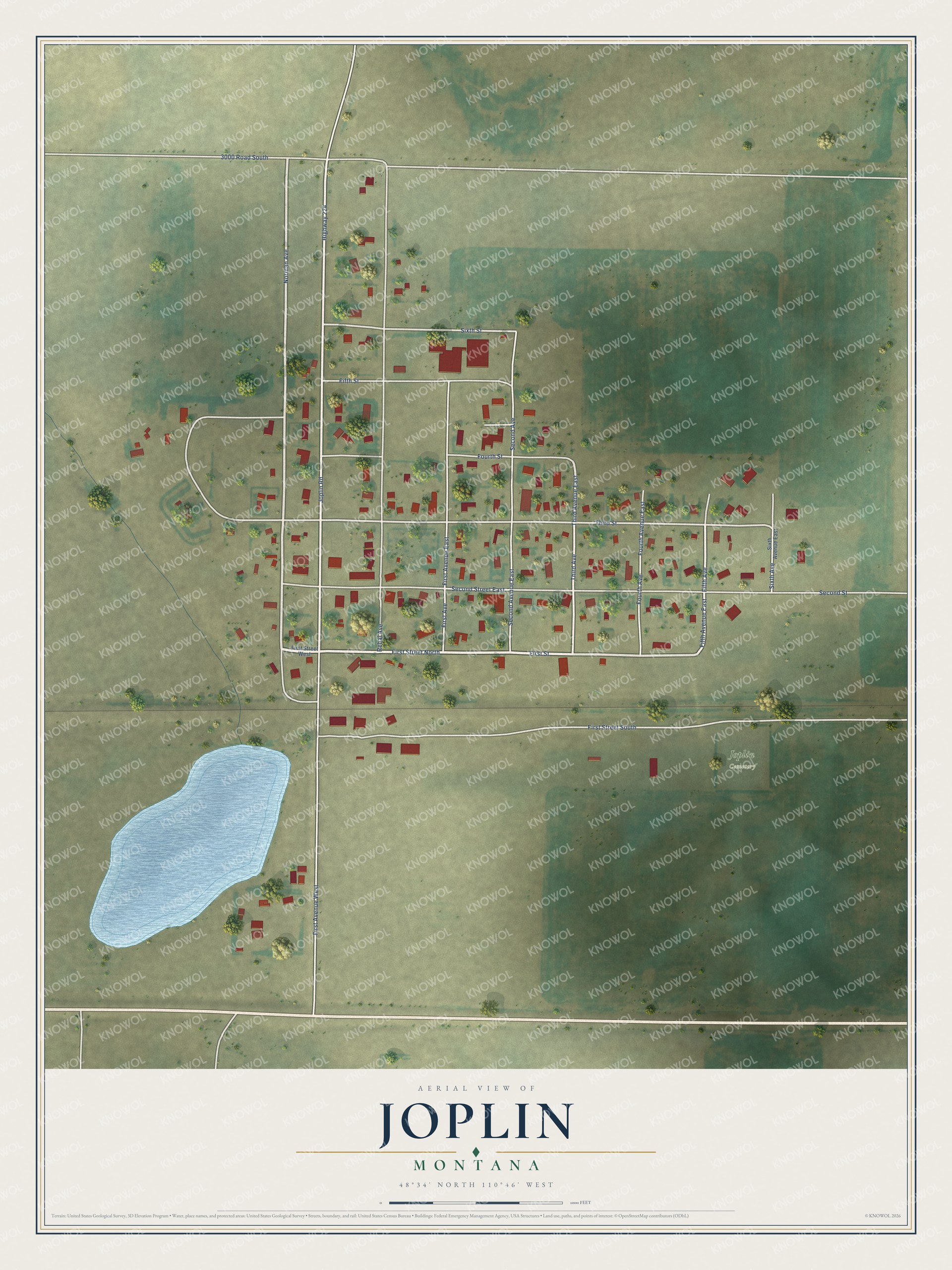 Full map of Joplin, Montana, with red buildings, printed street names and the land around them