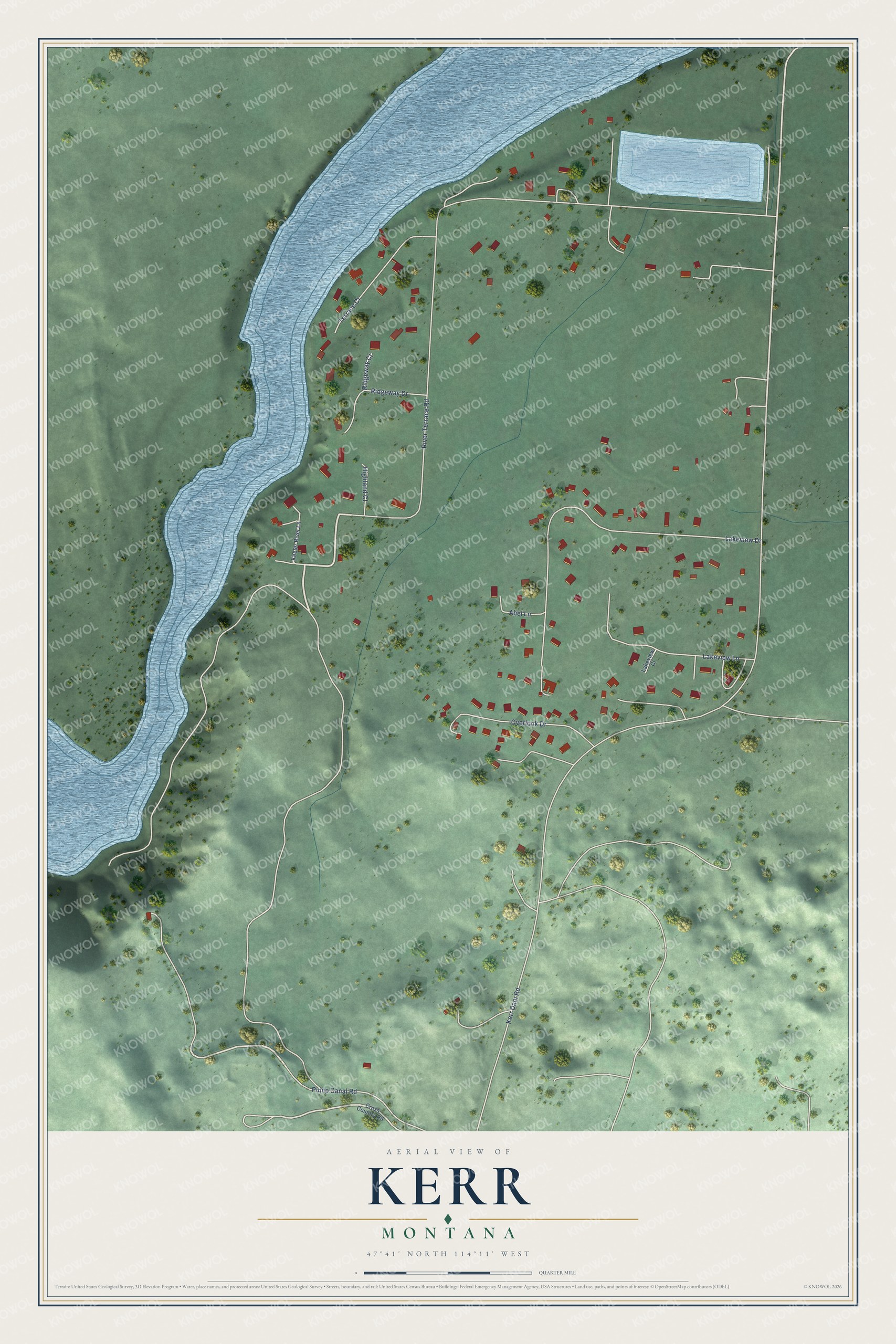 Full map of Kerr, Montana, with red buildings, printed street names and the land around them