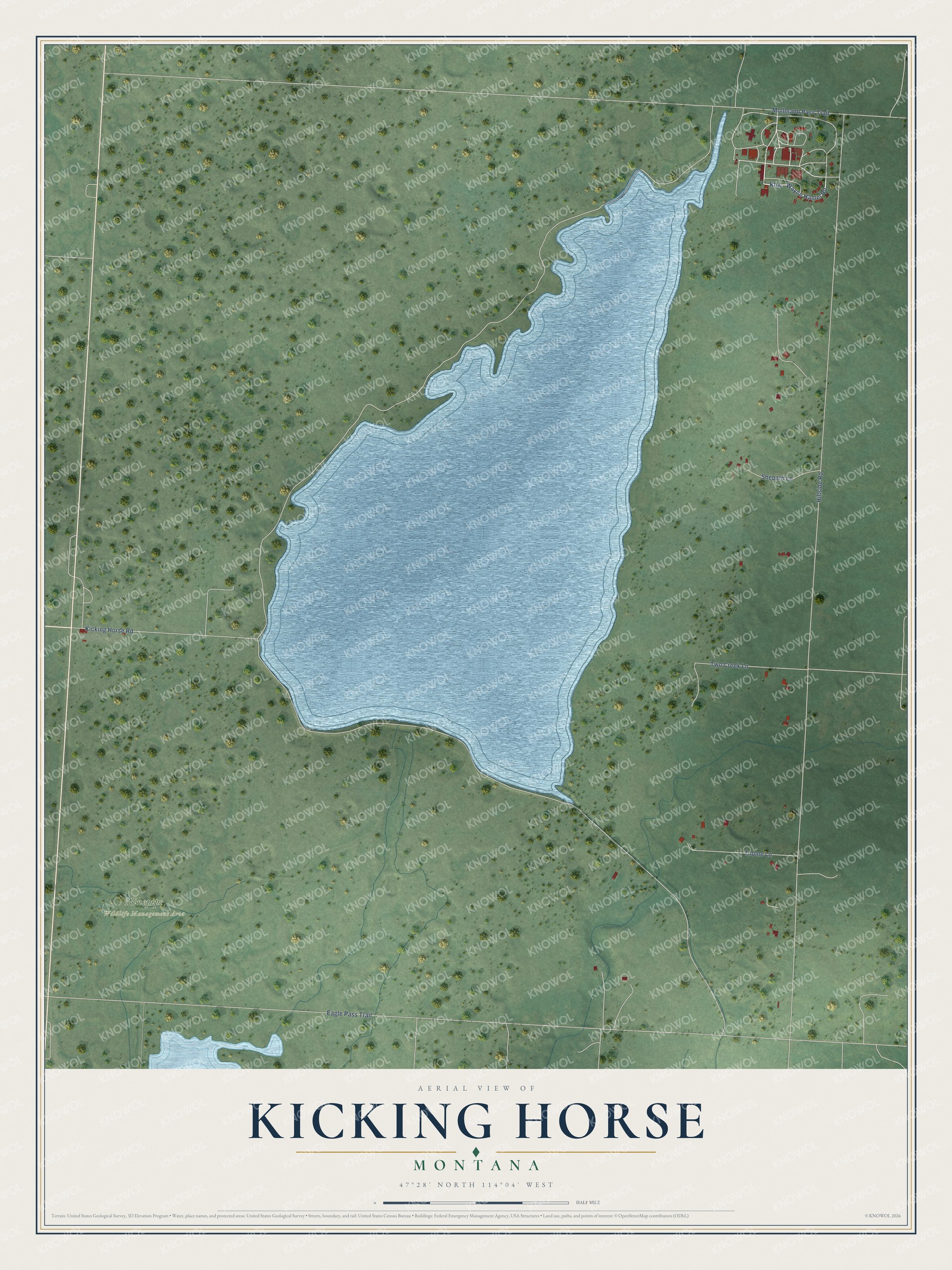 Full map of Kicking Horse, Montana, with red buildings, printed street names and the land around them