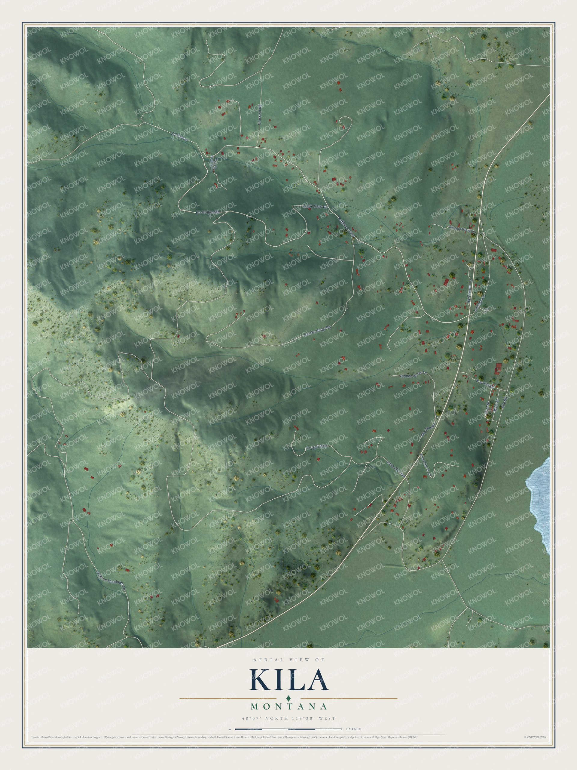 Full map of Kila, Montana, with red buildings, printed street names and the land around them