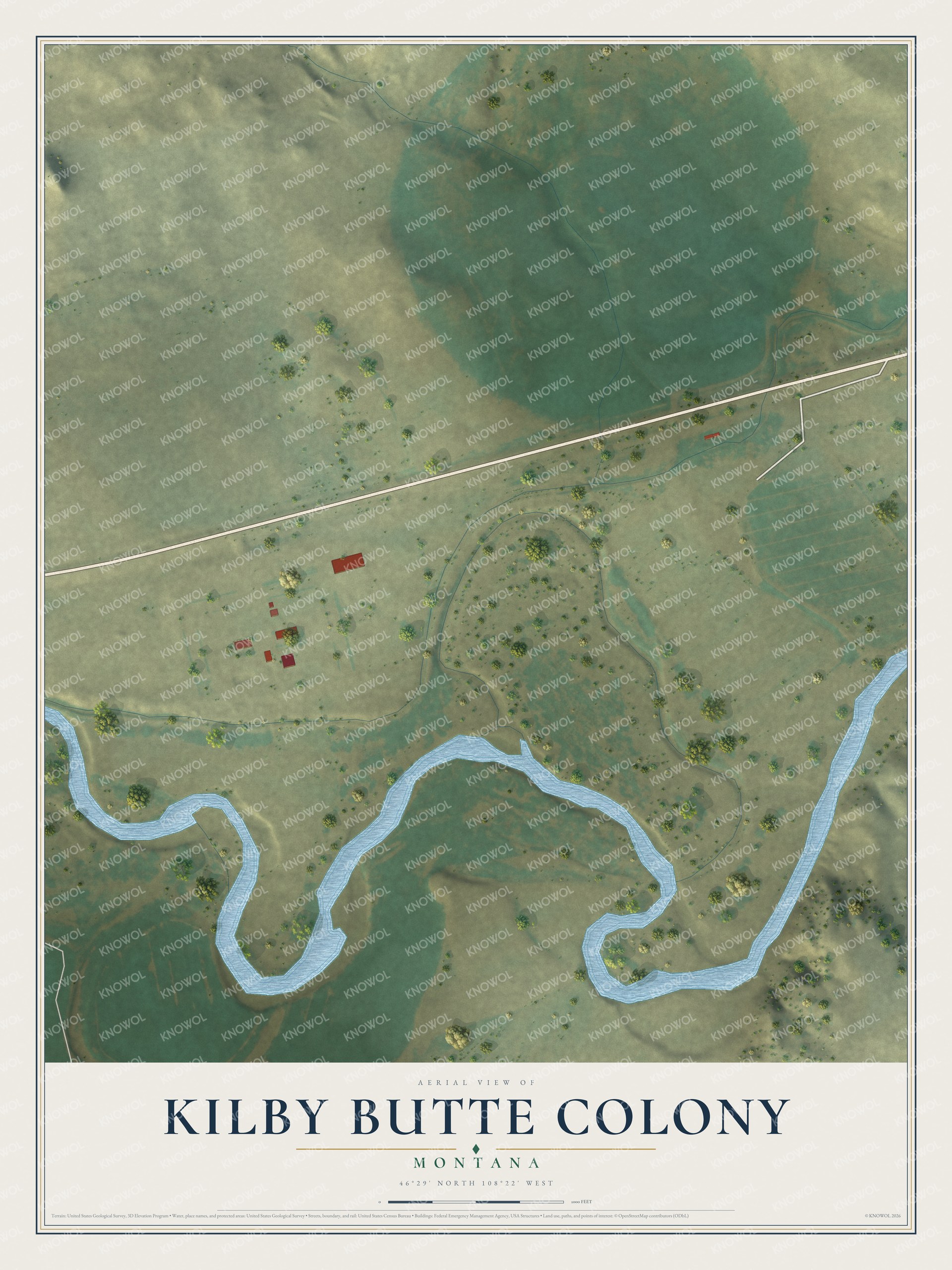 Full map of Kilby Butte Colony, Montana, with red buildings, printed street names and the land around them