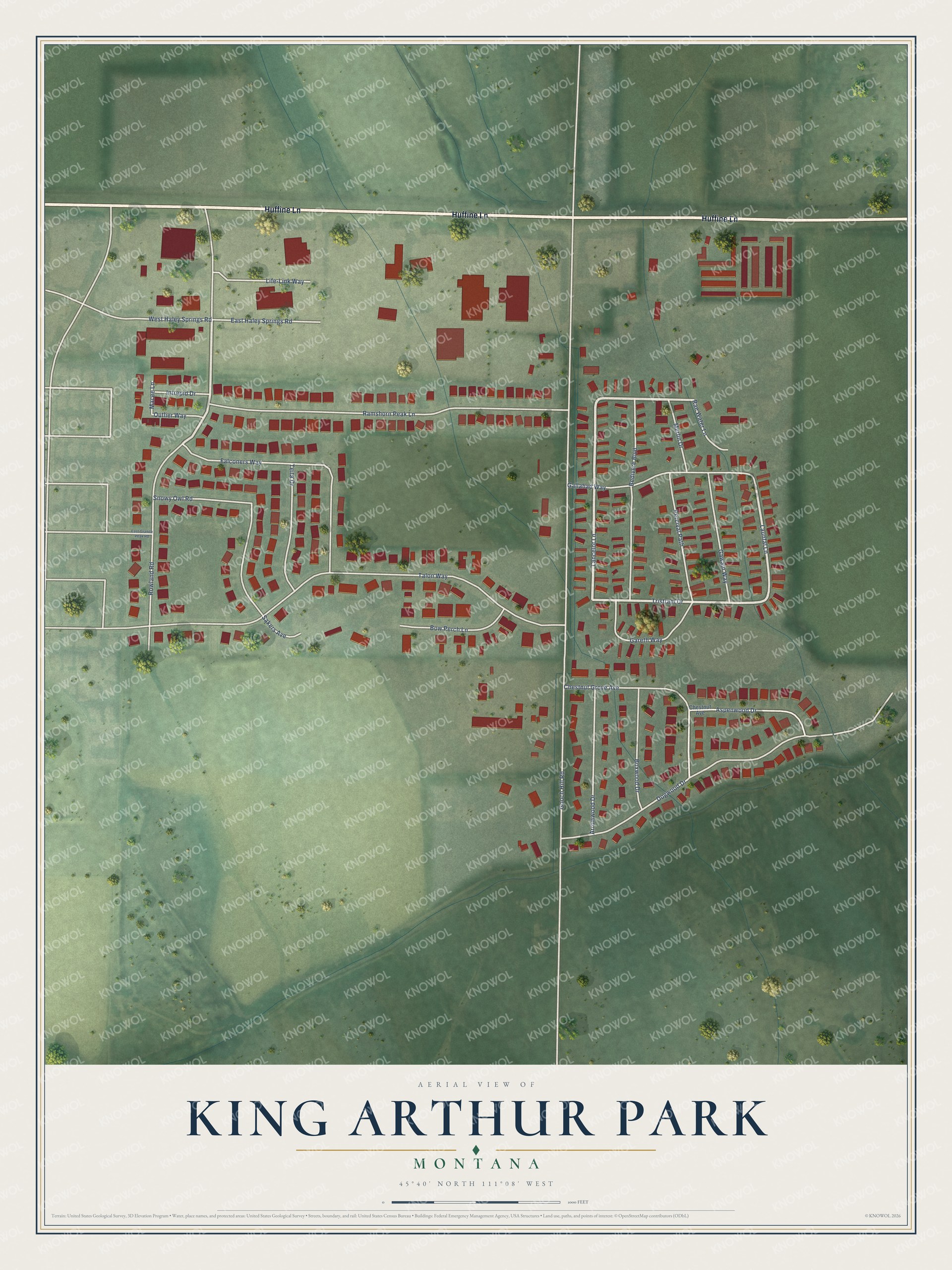 Full map of King Arthur Park, Montana, with red buildings, printed street names and the land around them