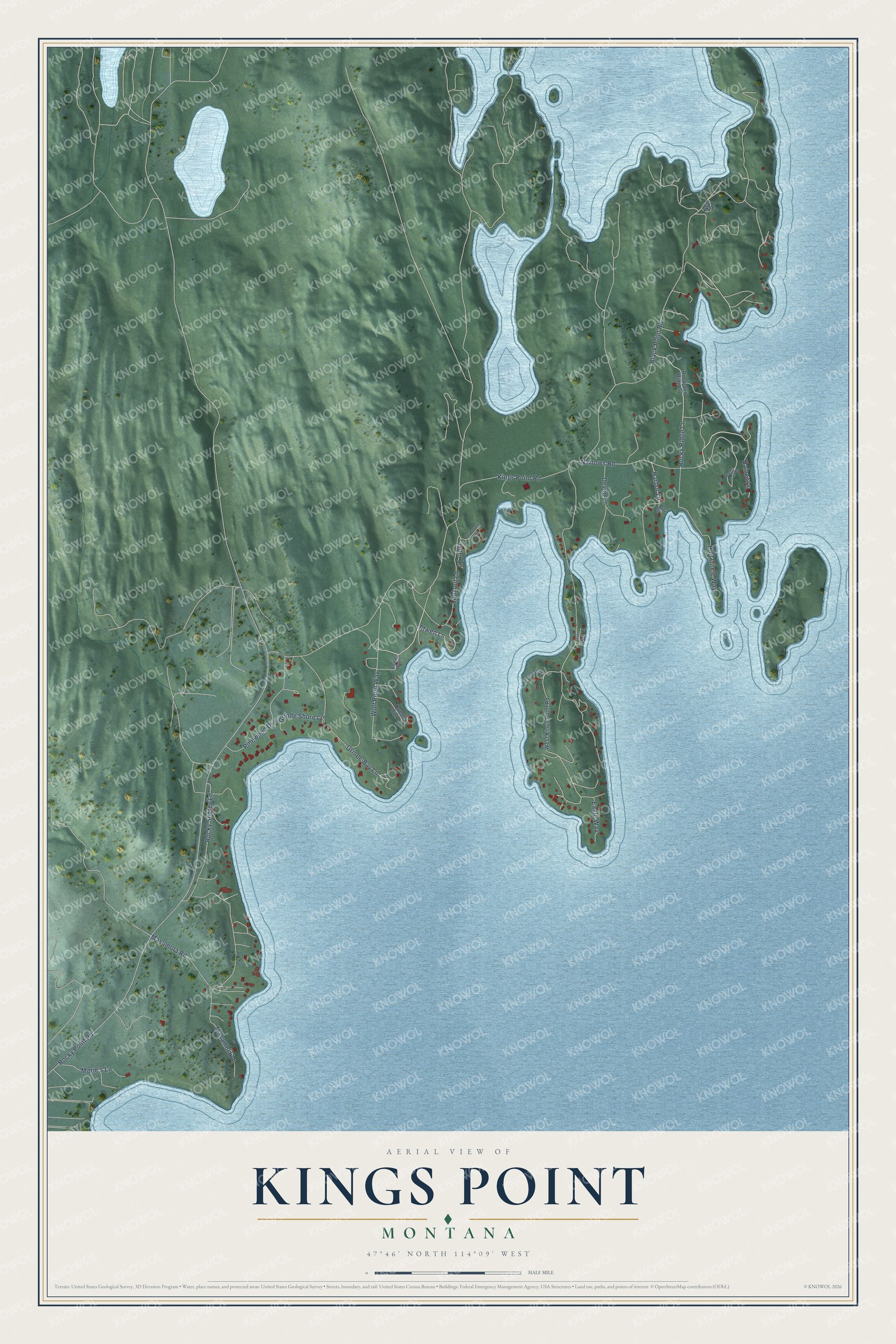 Full map of Kings Point, Montana, with red buildings, printed street names and the land around them