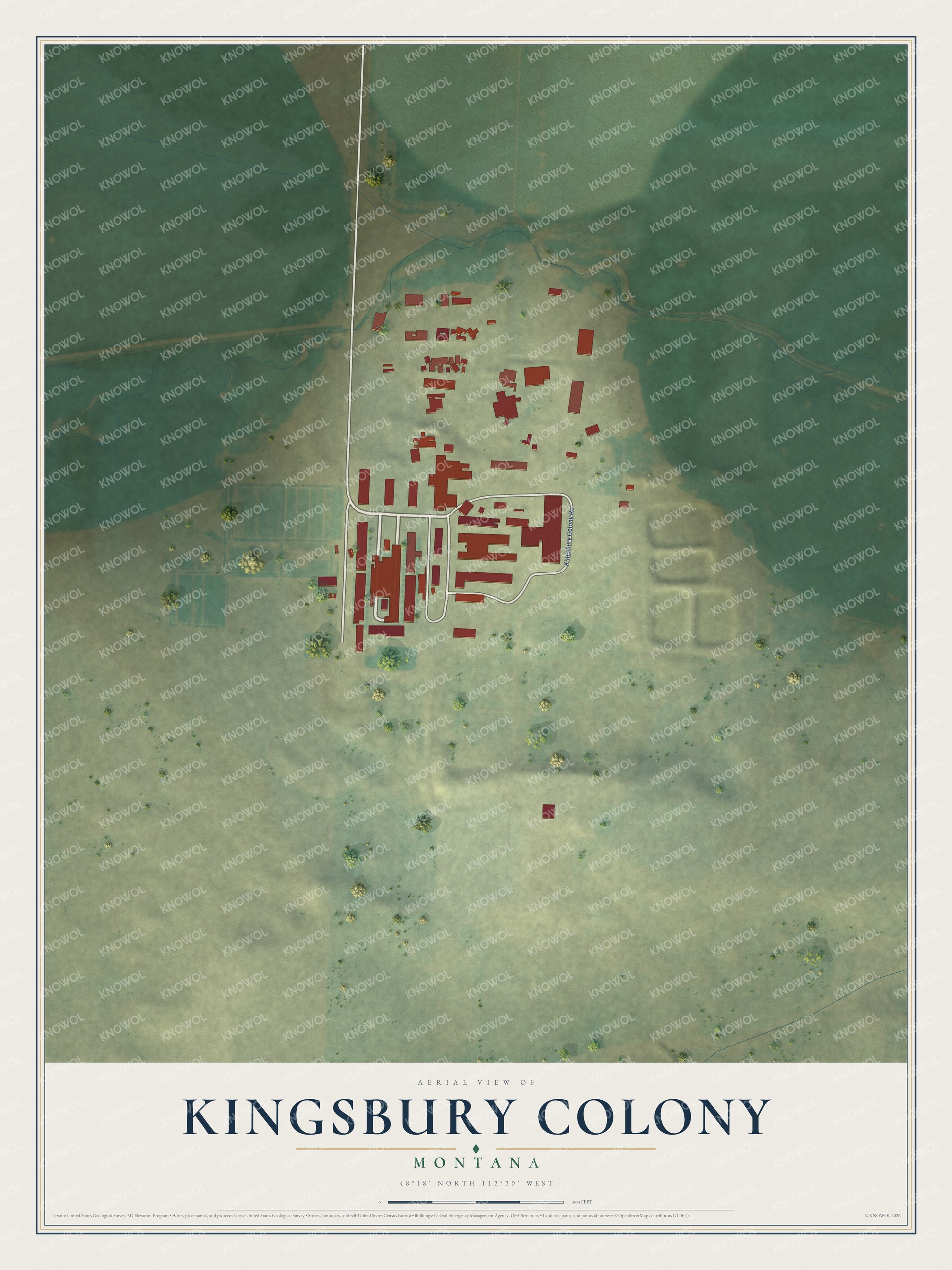 Full map of Kingsbury Colony, Montana, with red buildings, printed street names and the land around them