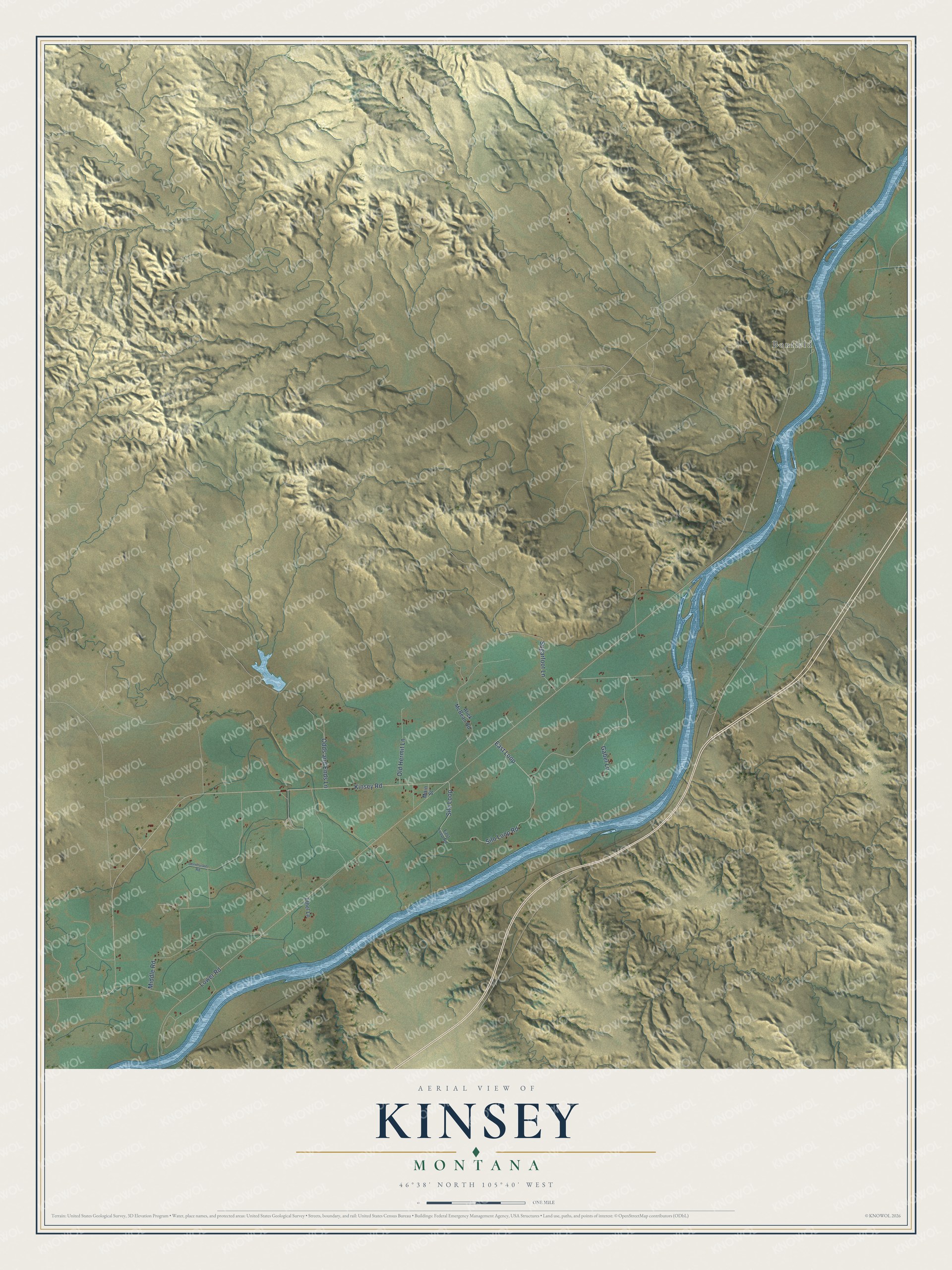 Full map of Kinsey, Montana, with red buildings, printed street names and the land around them