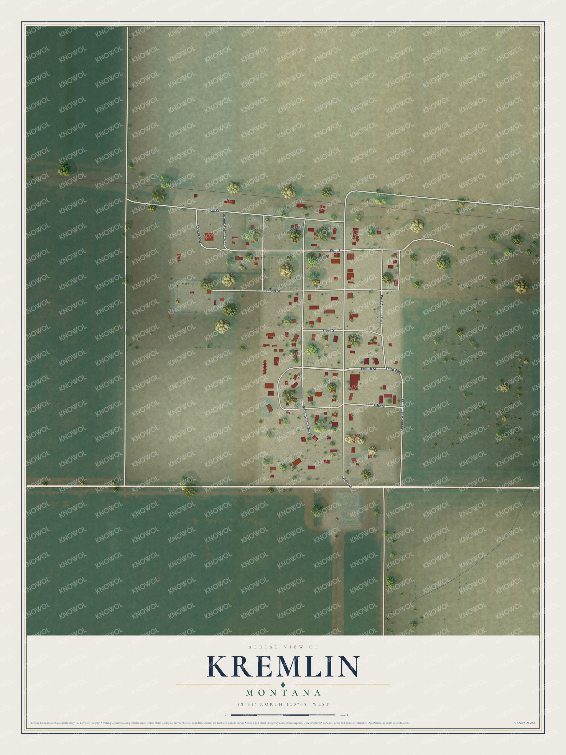 Full map of Kremlin, Montana, with red buildings, printed street names and the land around them