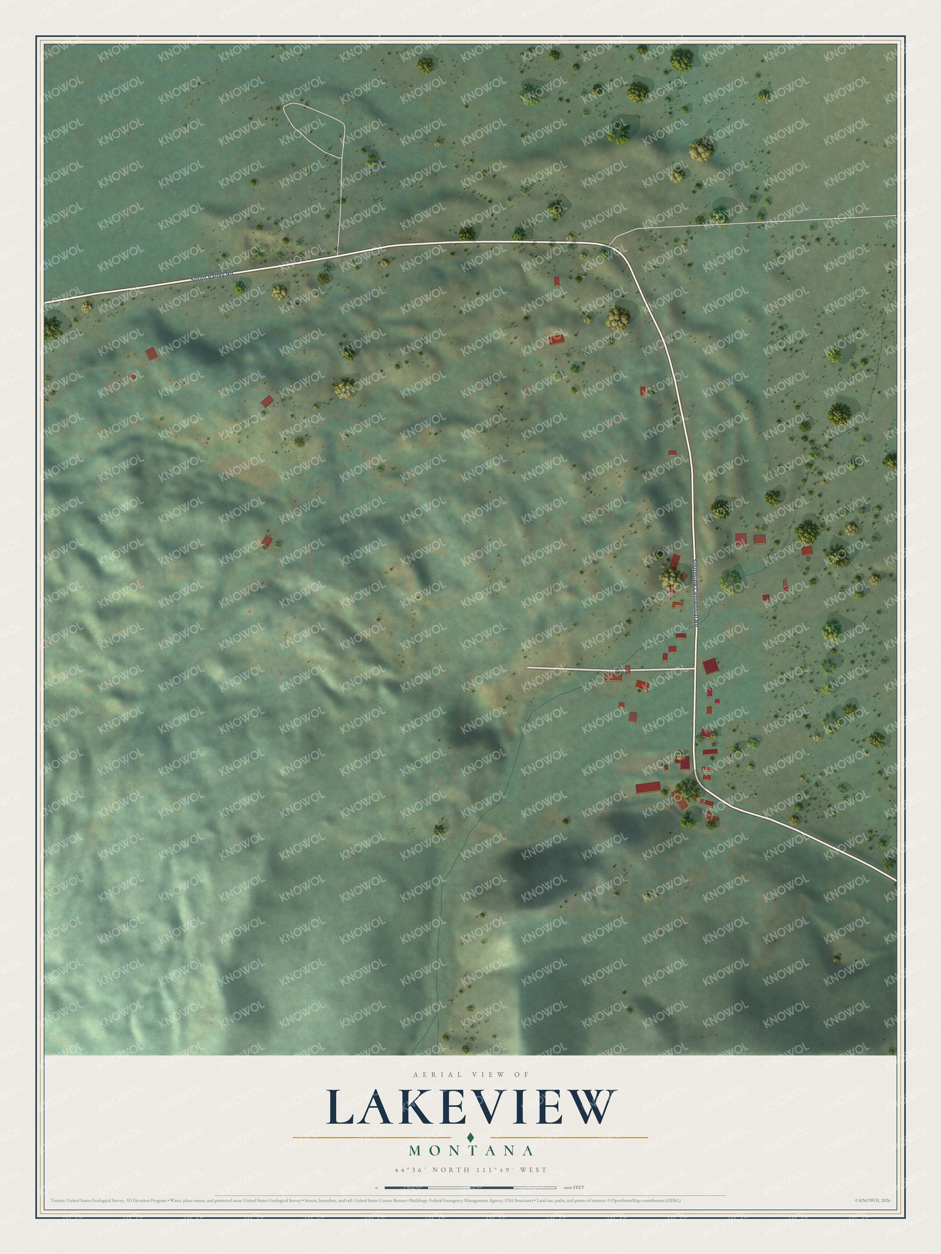 Full map of Lakeview, Montana, with red buildings, printed street names and the land around them