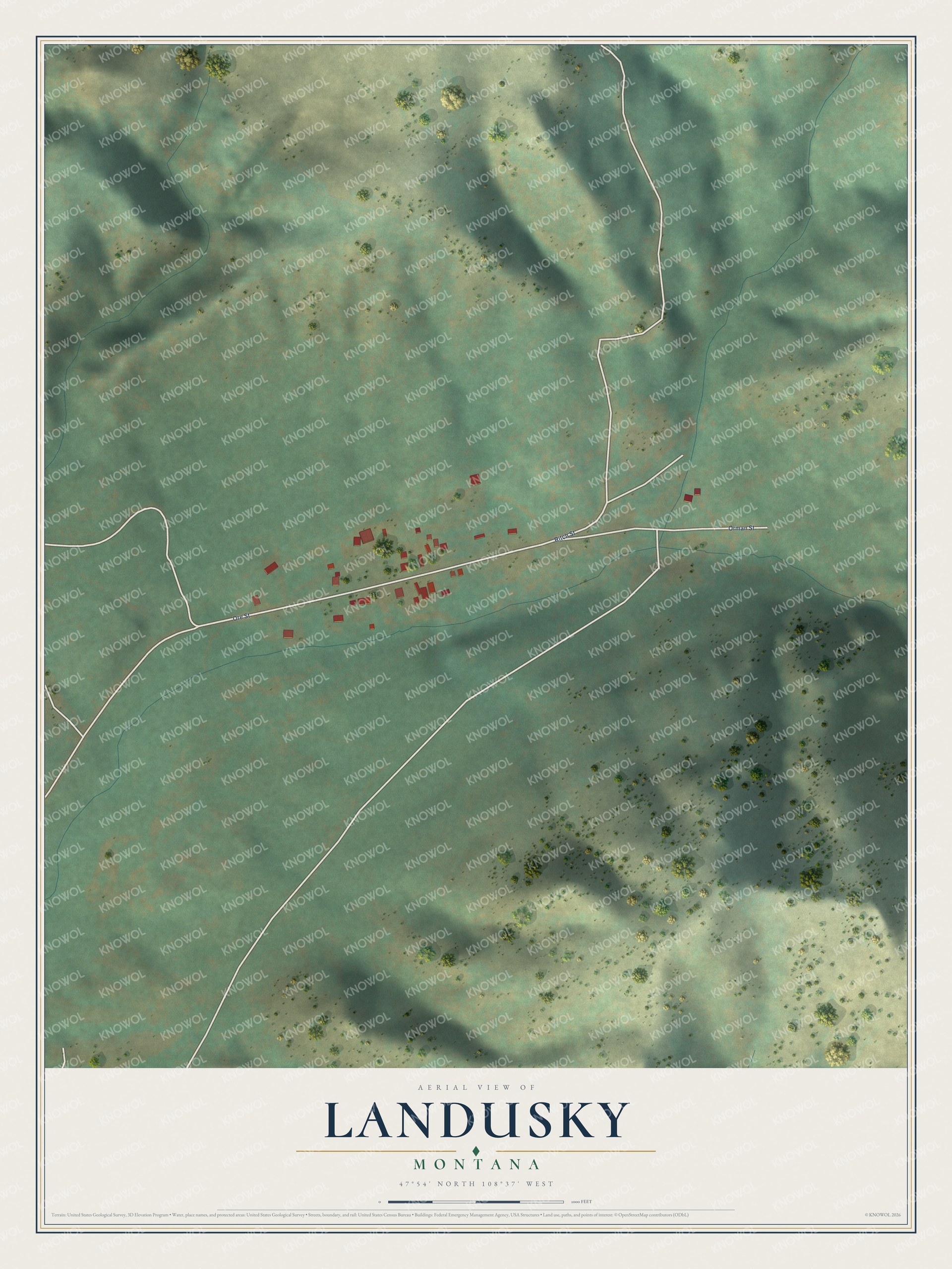 Full map of Landusky, Montana, with red buildings, printed street names and the land around them