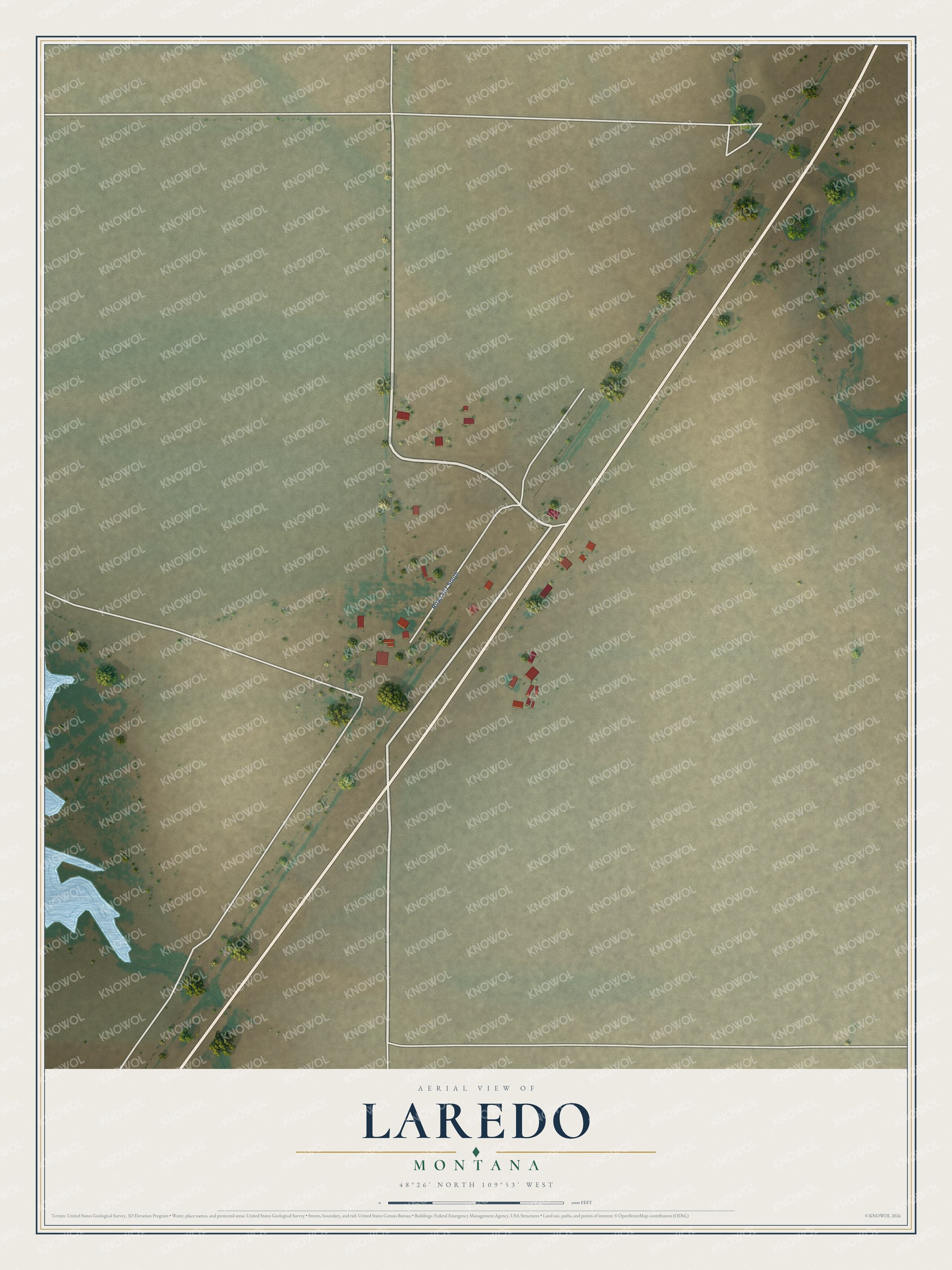 Full map of Laredo, Montana, with red buildings, printed street names and the land around them