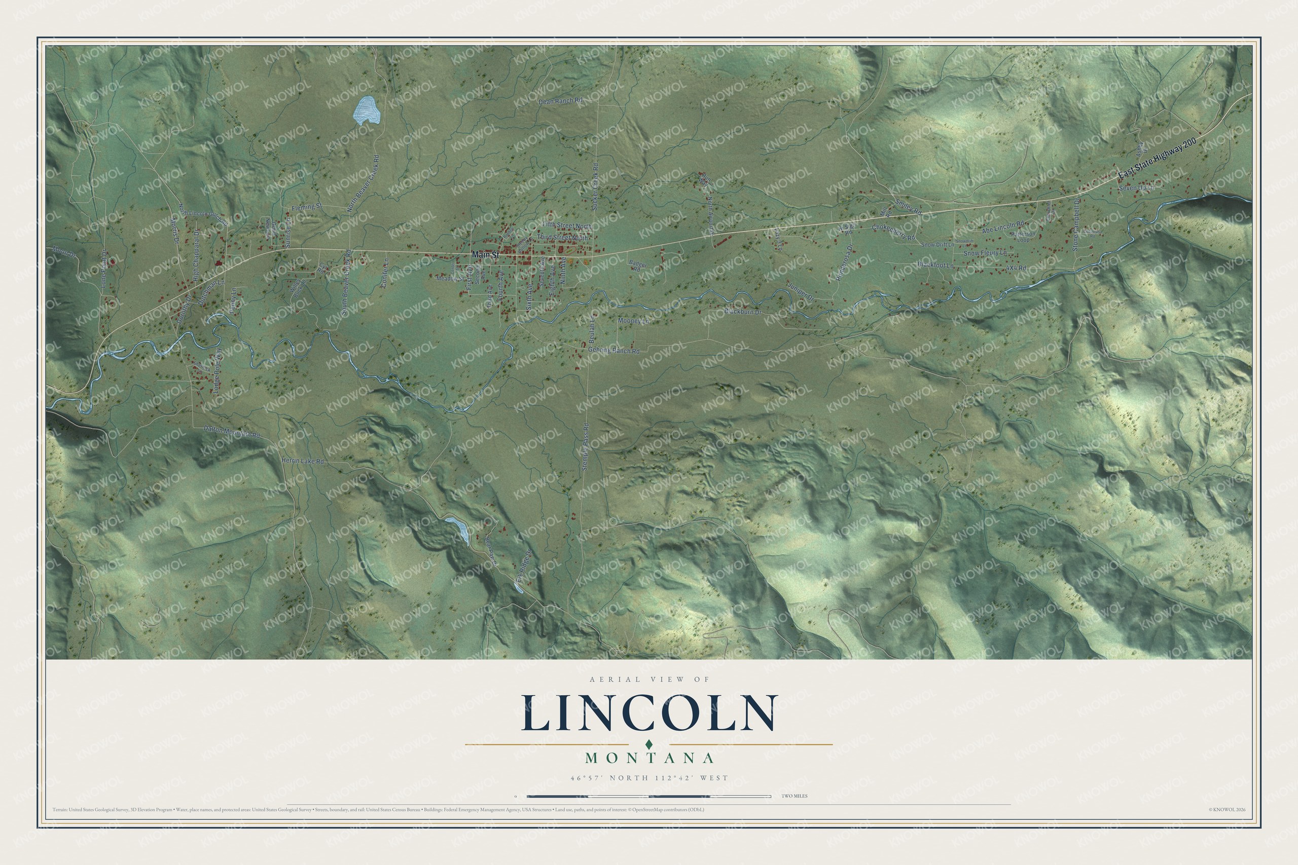 Full map of Lincoln, Montana, with red buildings, printed street names and the land around them