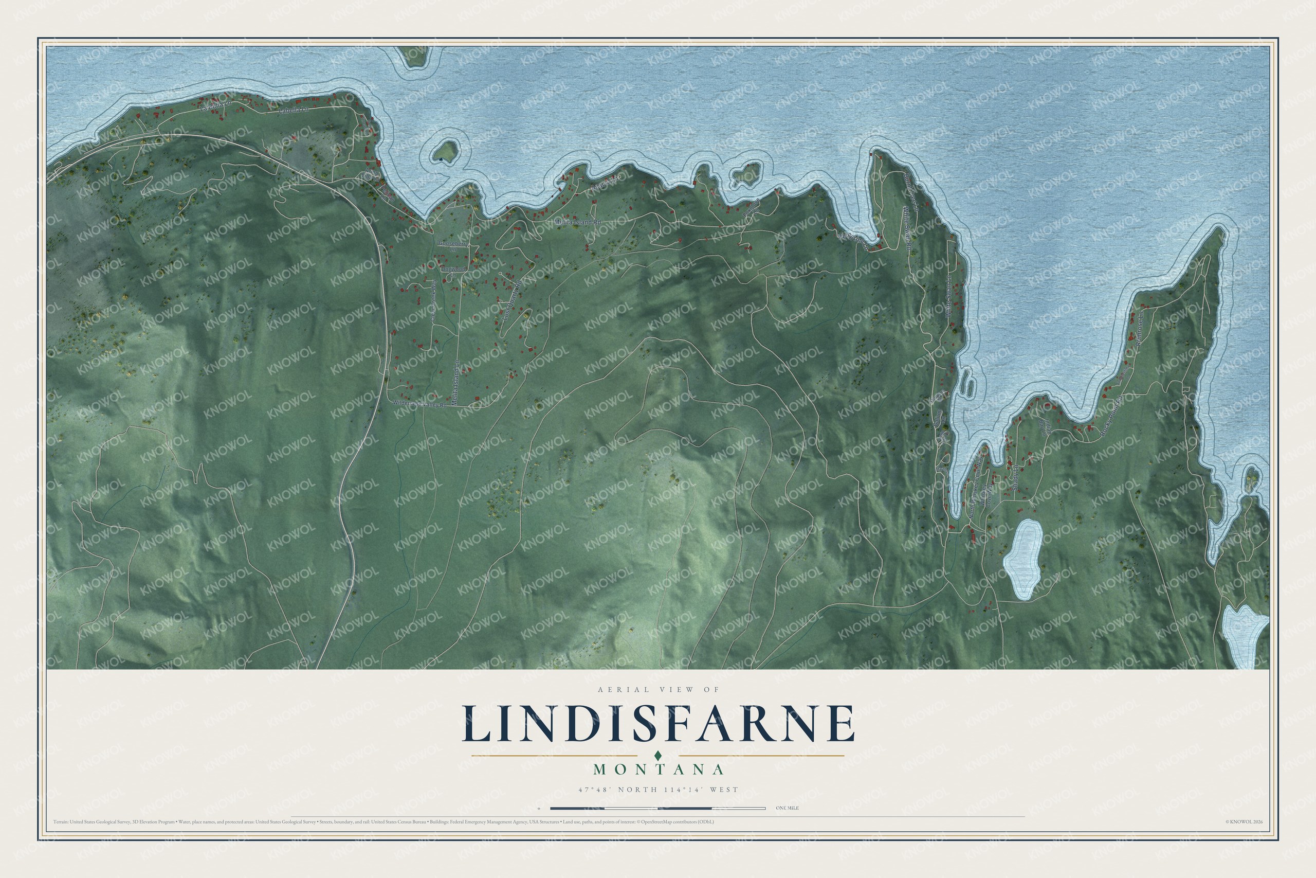 Full map of Lindisfarne, Montana, with red buildings, printed street names and the land around them
