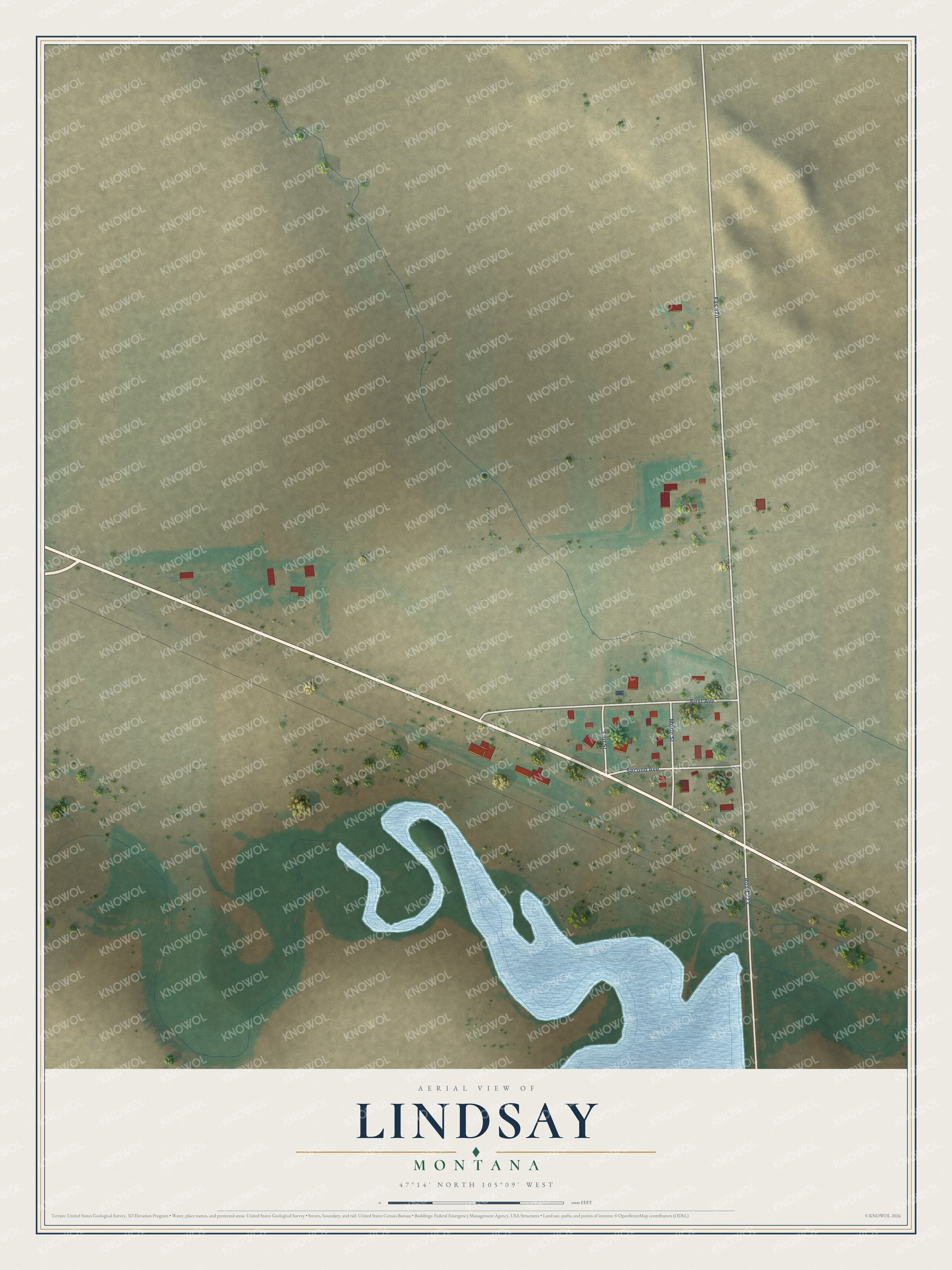 Full map of Lindsay, Montana, with red buildings, printed street names and the land around them