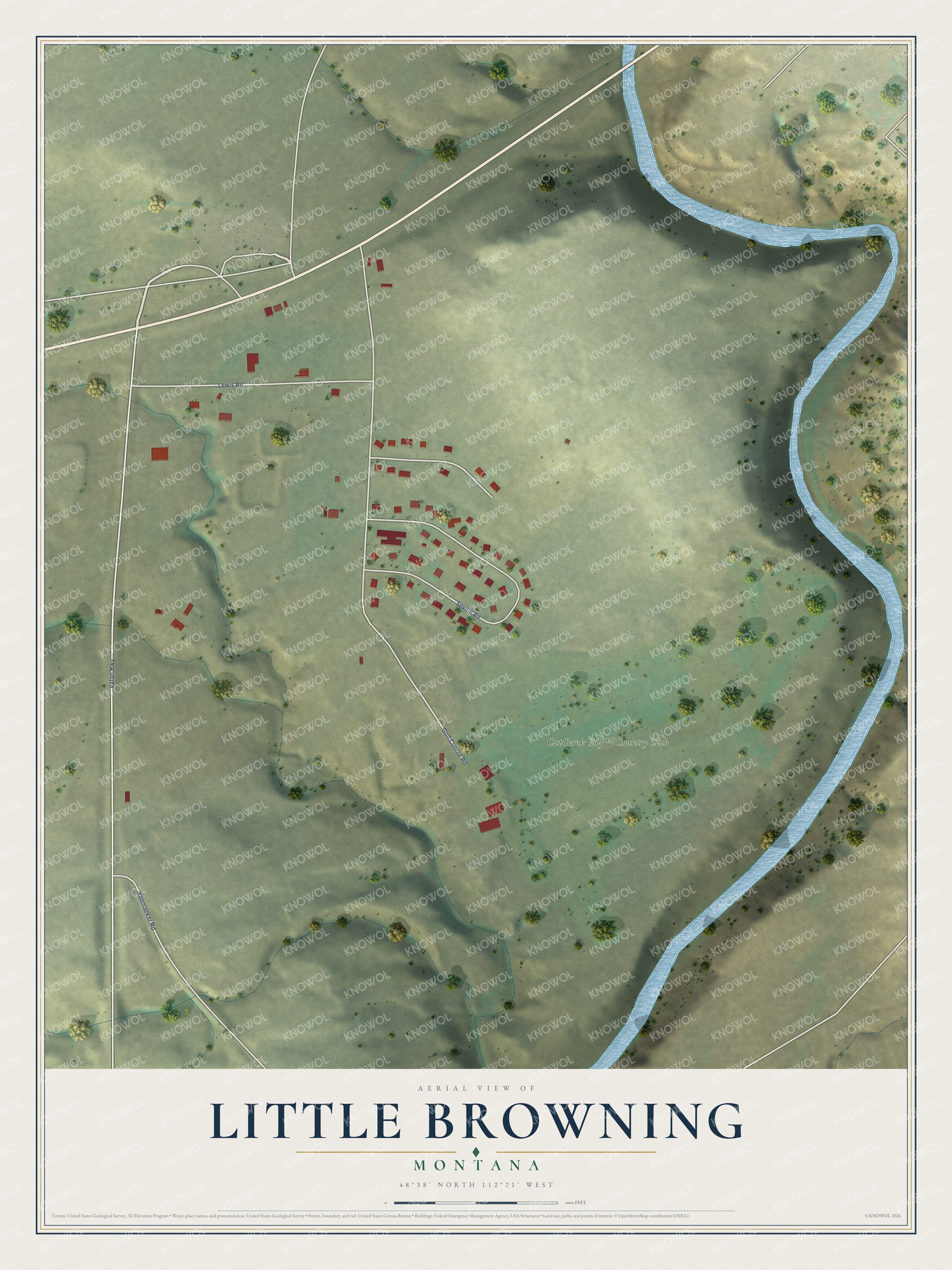 Full map of Little Browning, Montana, with red buildings, printed street names and the land around them