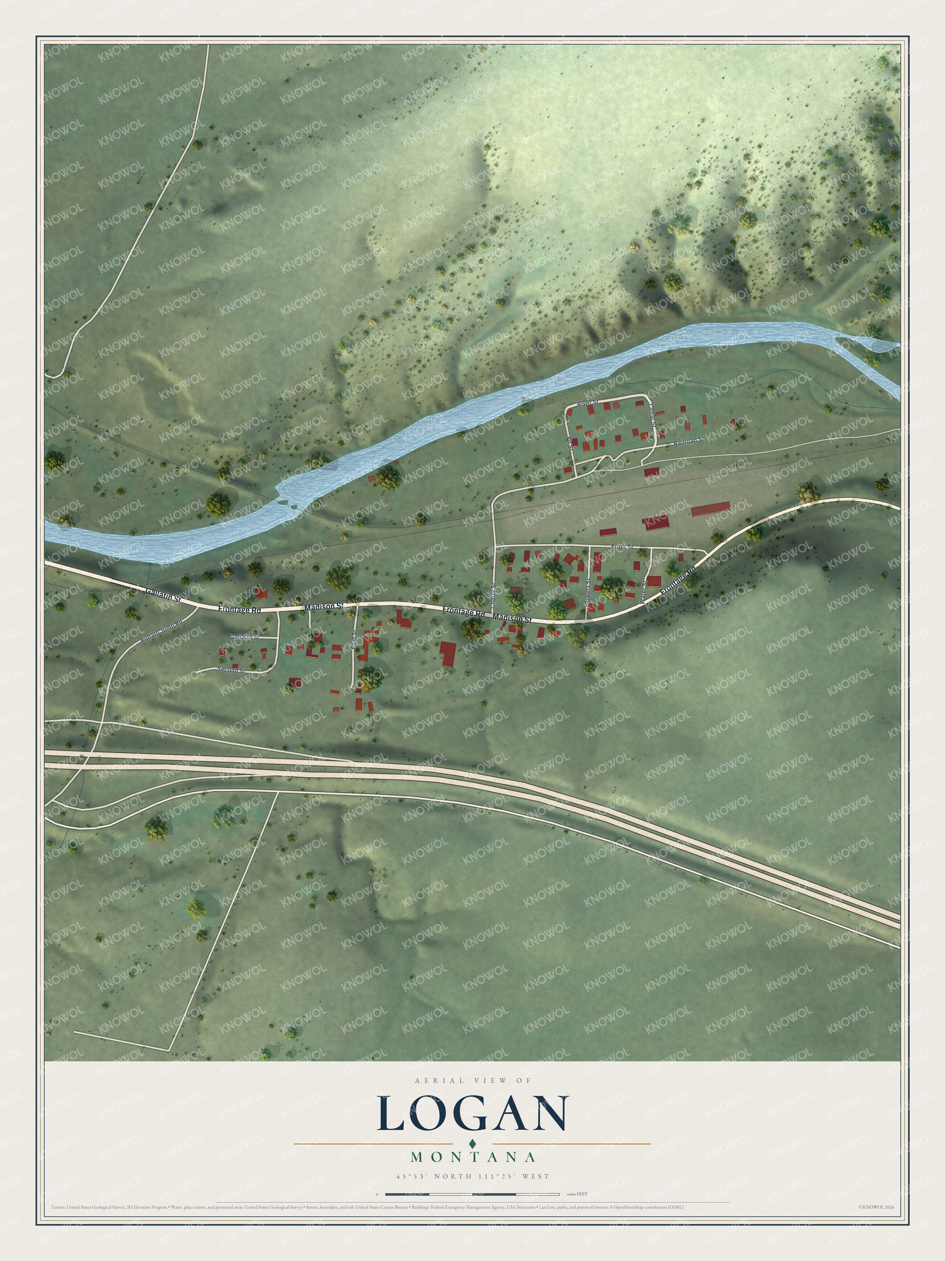 Full map of Logan, Montana, with red buildings, printed street names and the land around them