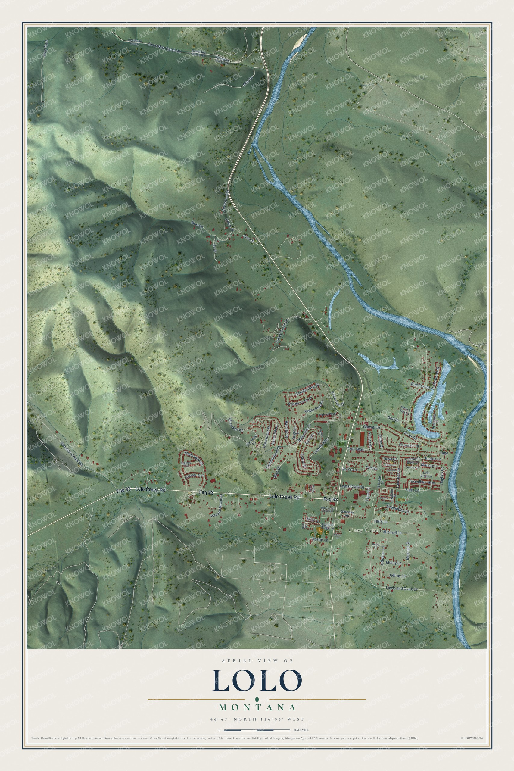 Full map of Lolo, Montana, with red buildings, printed street names and the land around them