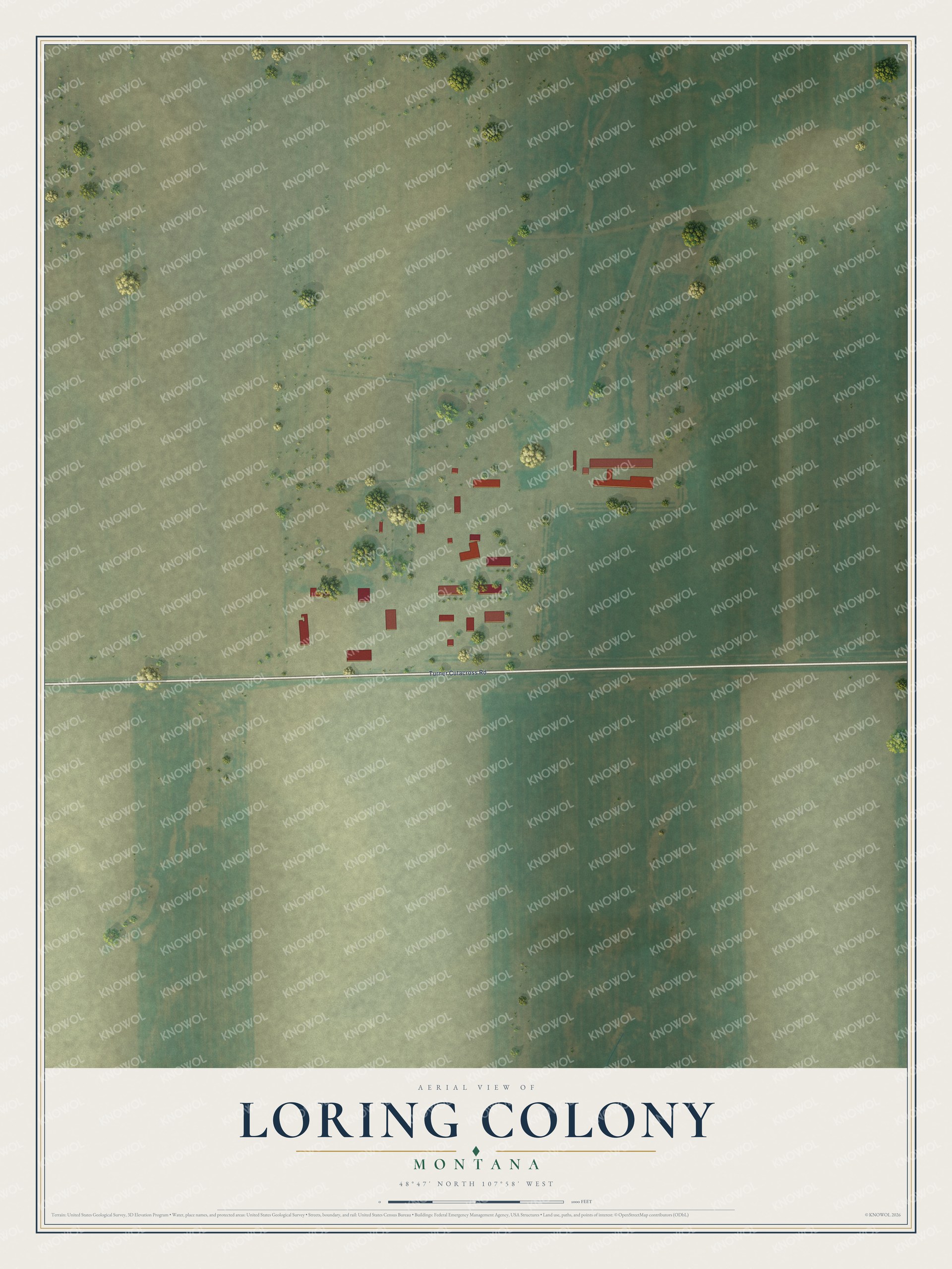 Full map of Loring Colony, Montana, with red buildings, printed street names and the land around them