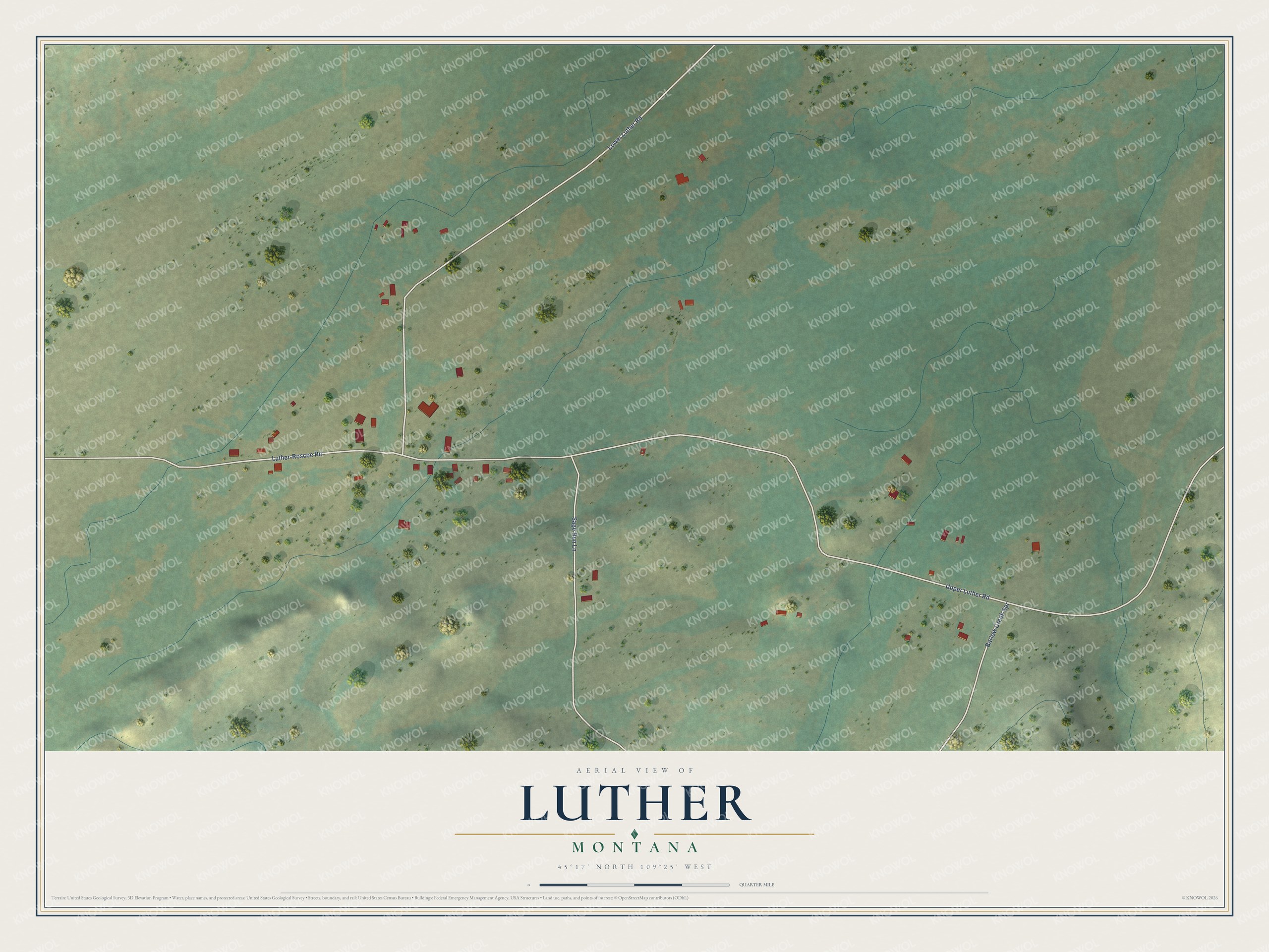 Full map of Luther, Montana, with red buildings, printed street names and the land around them