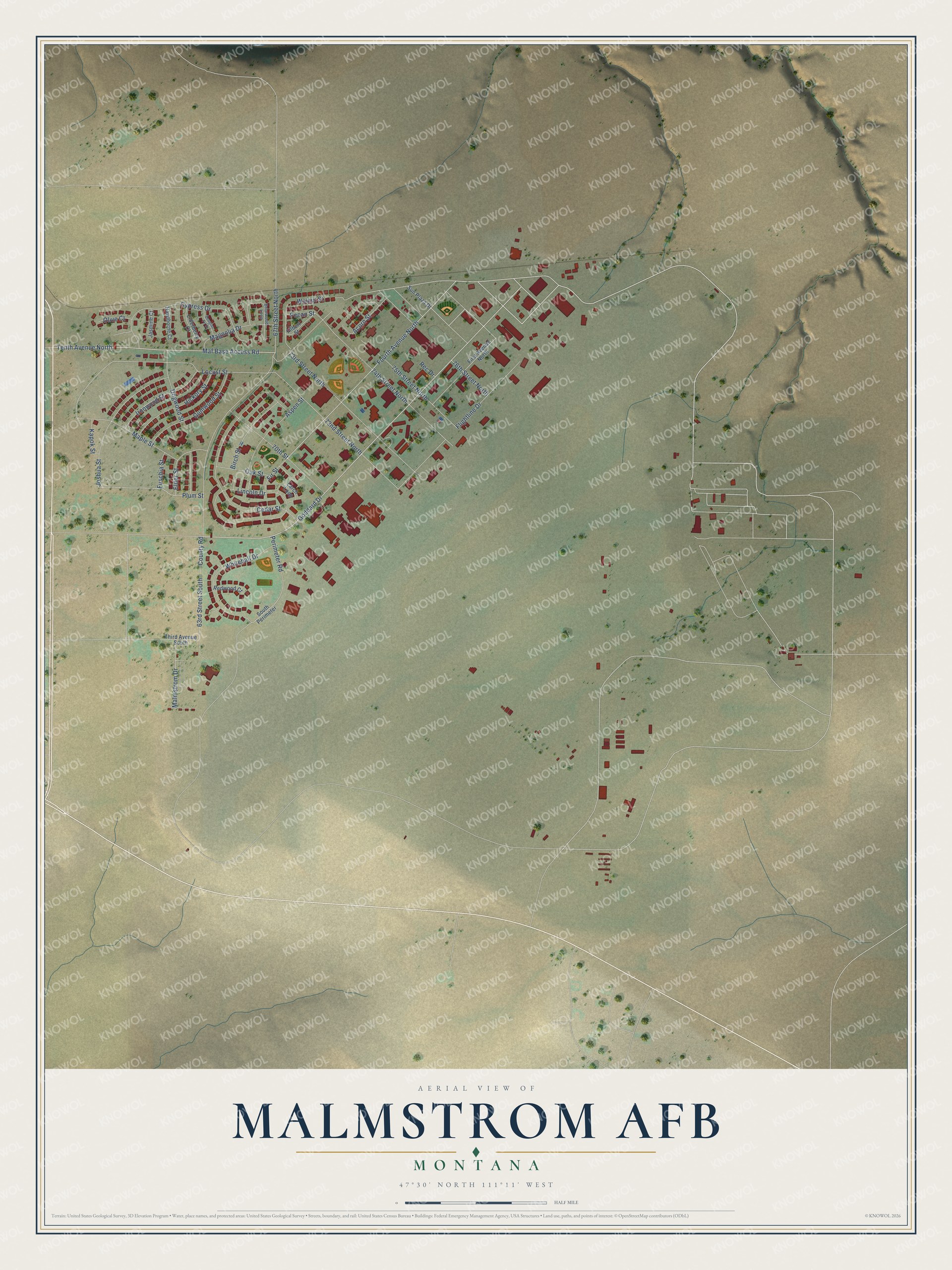 Full map of Malmstrom AFB, Montana, with red buildings, printed street names and the land around them