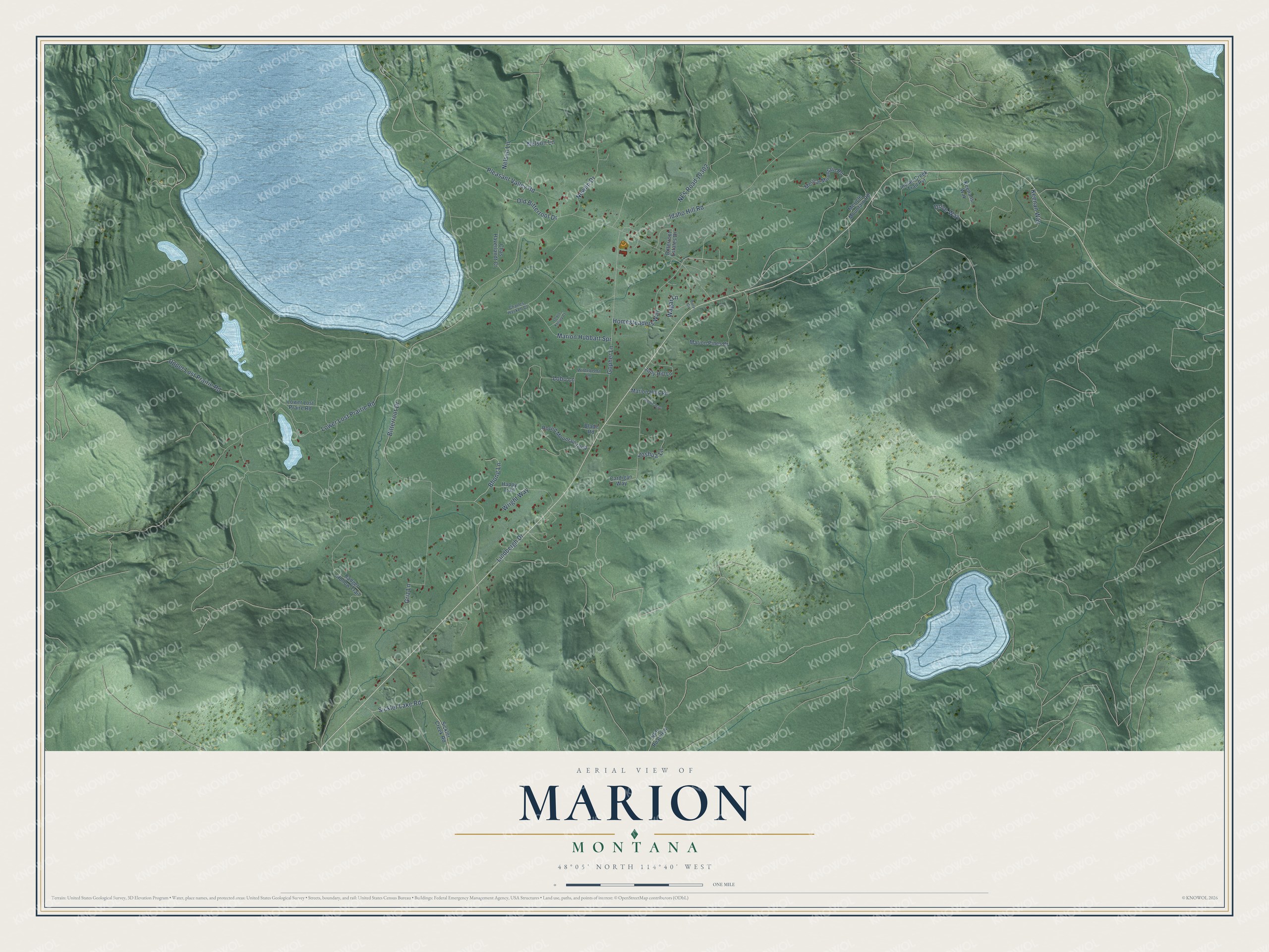 Full map of Marion, Montana, with red buildings, printed street names and the land around them